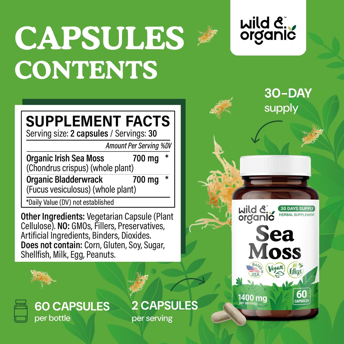 Wild & Organic Sea Moss Capsules - Capsule, 60 Count