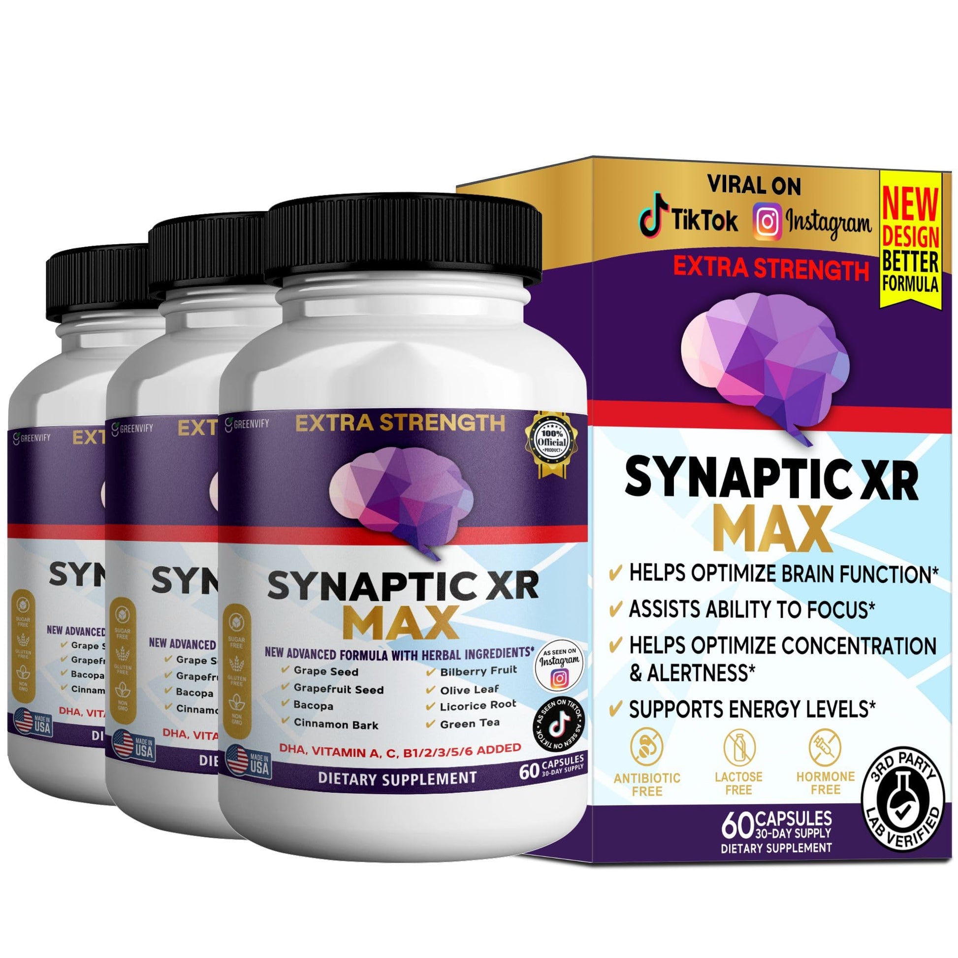 GREENVIFY Synaptic XR Max Extra Strength Brain Support Supplement with Herbal Ingredients, DHA Vitamins, Nootropic Formula, 60 Capsules