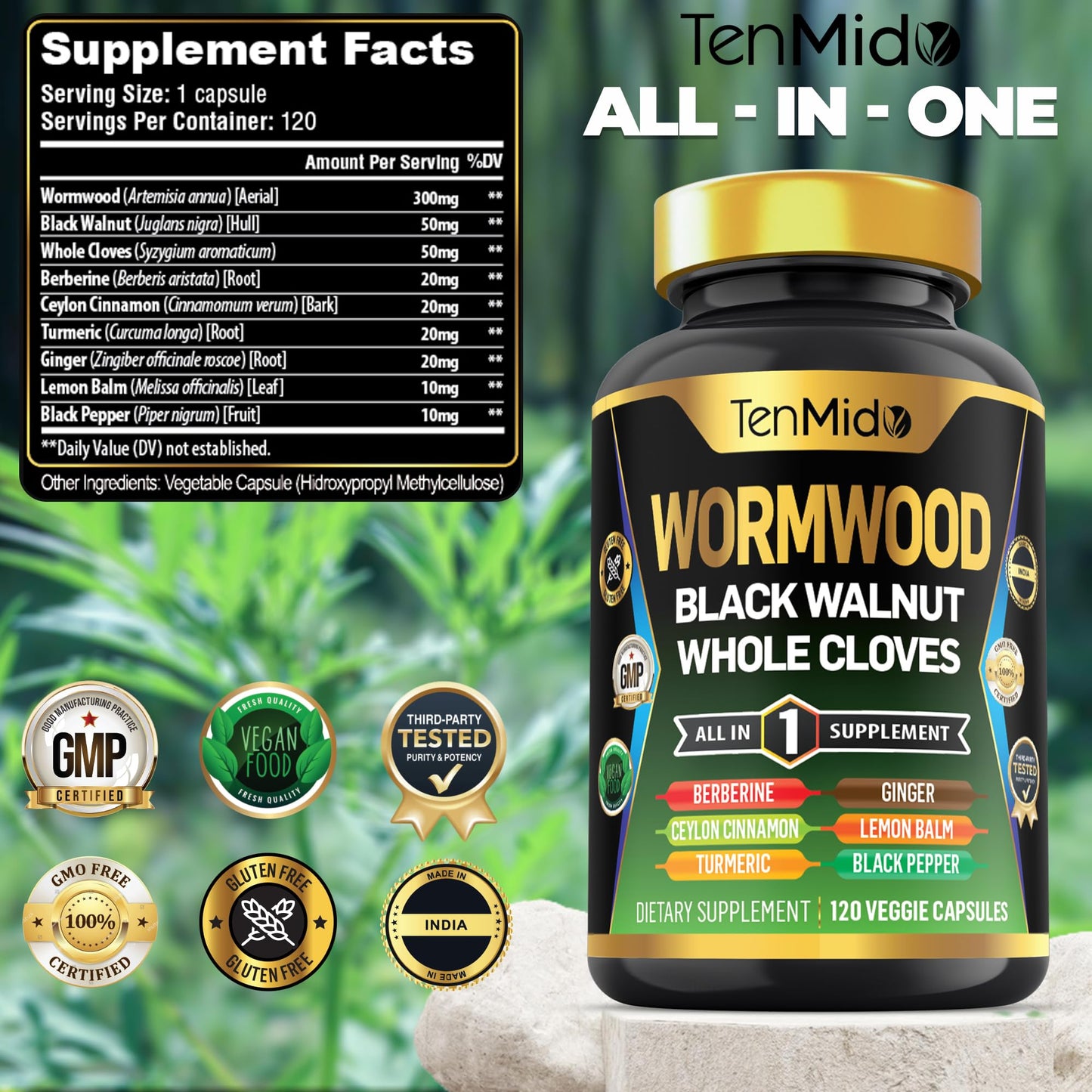 Tenmido Wormwood Black Walnut Clove Capsules 9-in-1 Wormwood Extract Formula, 120 Capsules