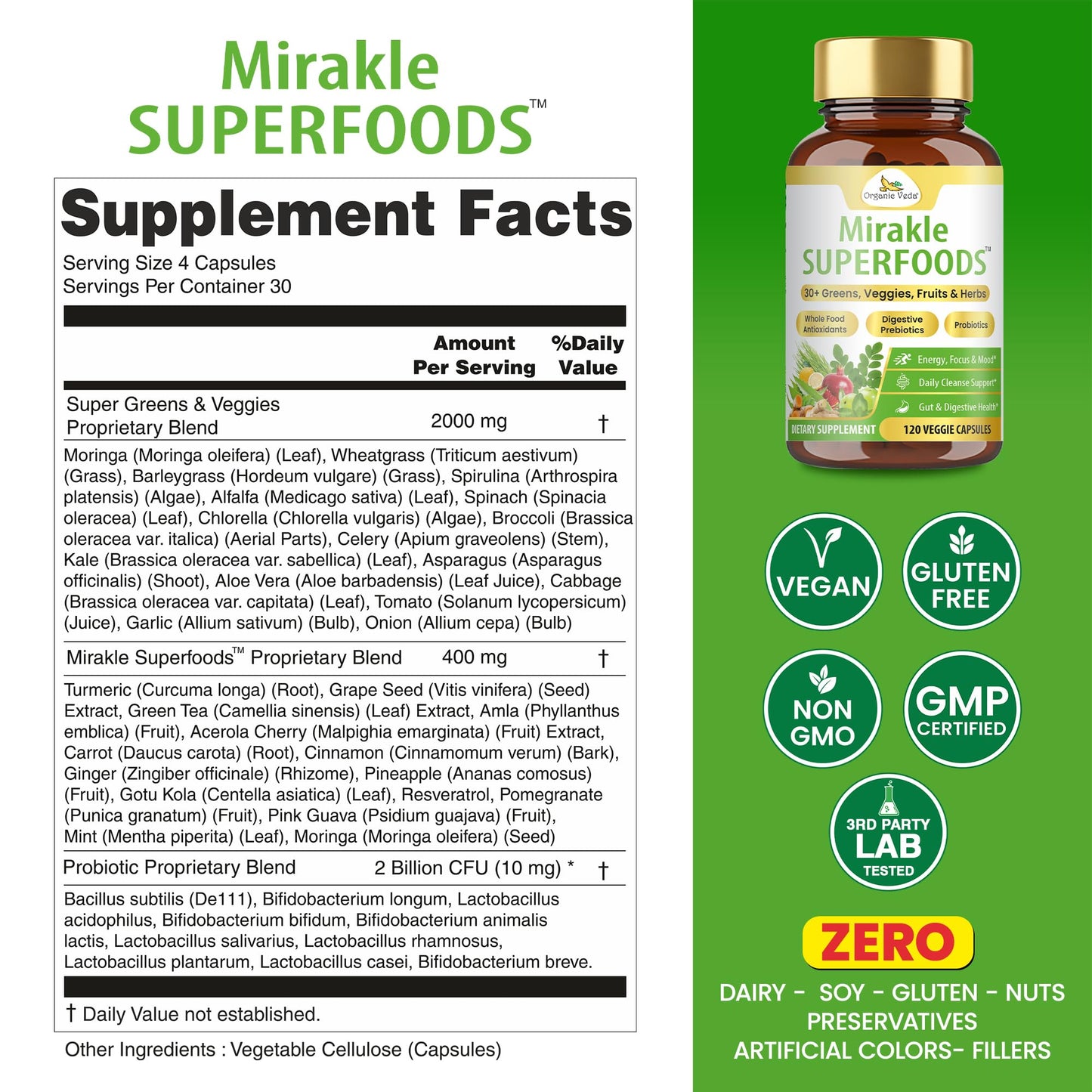 Organic Veda Mirakle Superfoods Greens Capsules - 120 Count