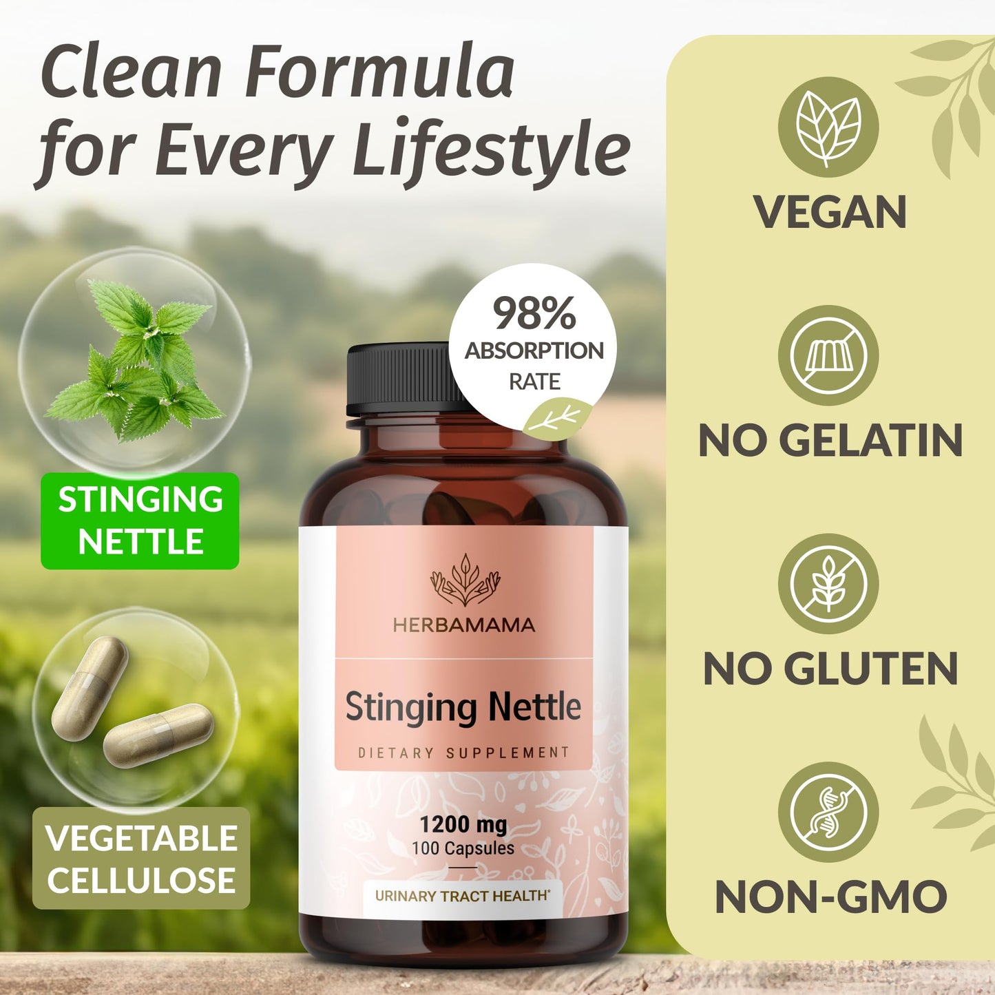 HERBAMAMA Stinging Nettle Capsules 1200mg Root Extract for Urinary Tract Support, Vegan, Non-GMO, 100 Count