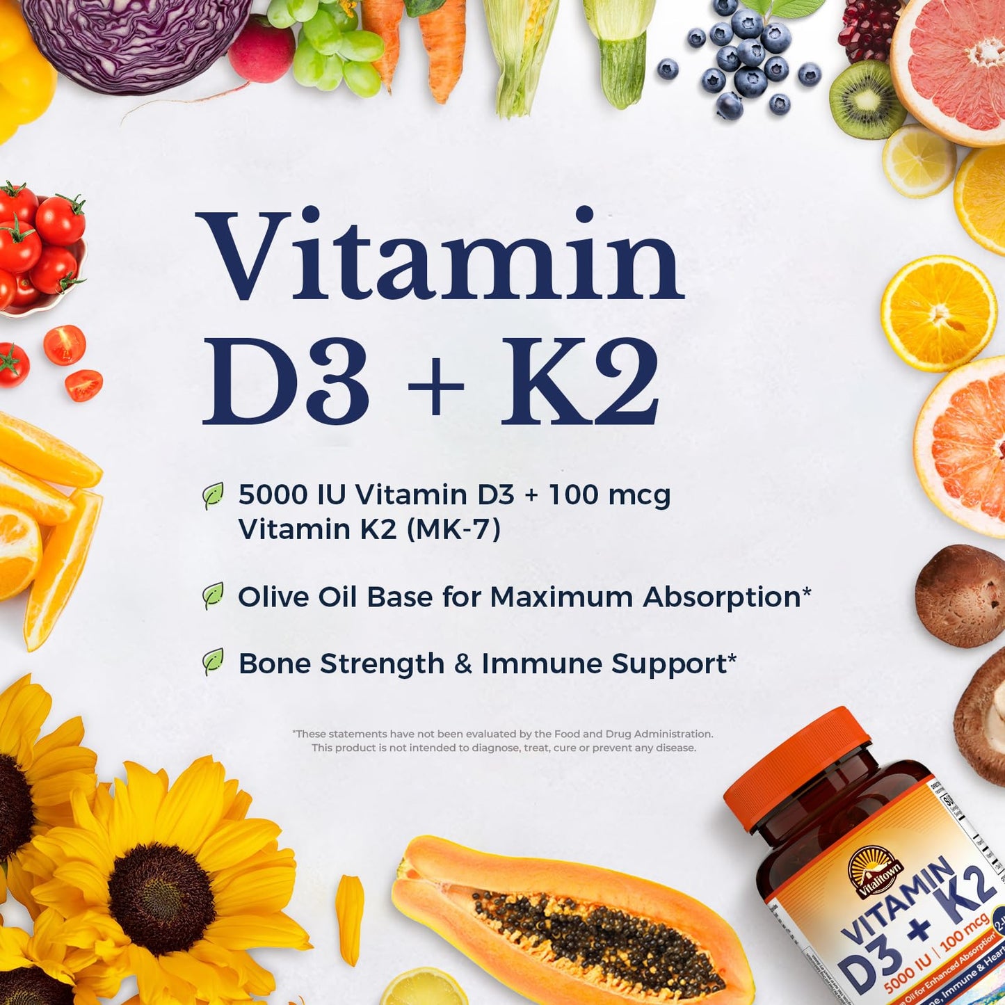 Vitalitown Vitamin D3 K2 Supplement D3 5000 IU, Vitamin K2 MK-7 100 mcg Softgels 120