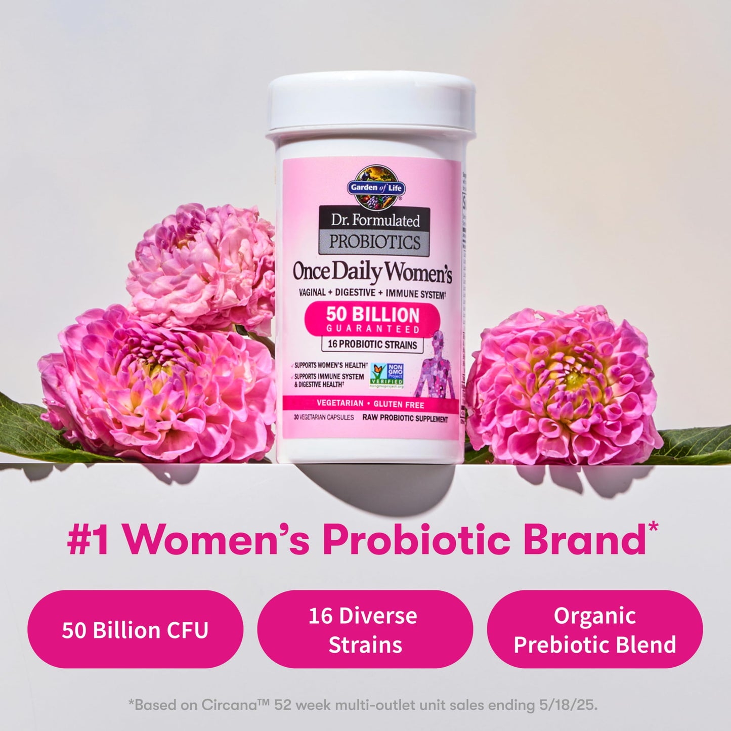Garden of Life Once Daily Dr.Formulated Probiotics for Women 50 Billion CFU 16 Probiotic Strains with Organic for Digestive, Vaginal & Immune Health, Dairy Free, Shelf Stable Capsules 180 Count
