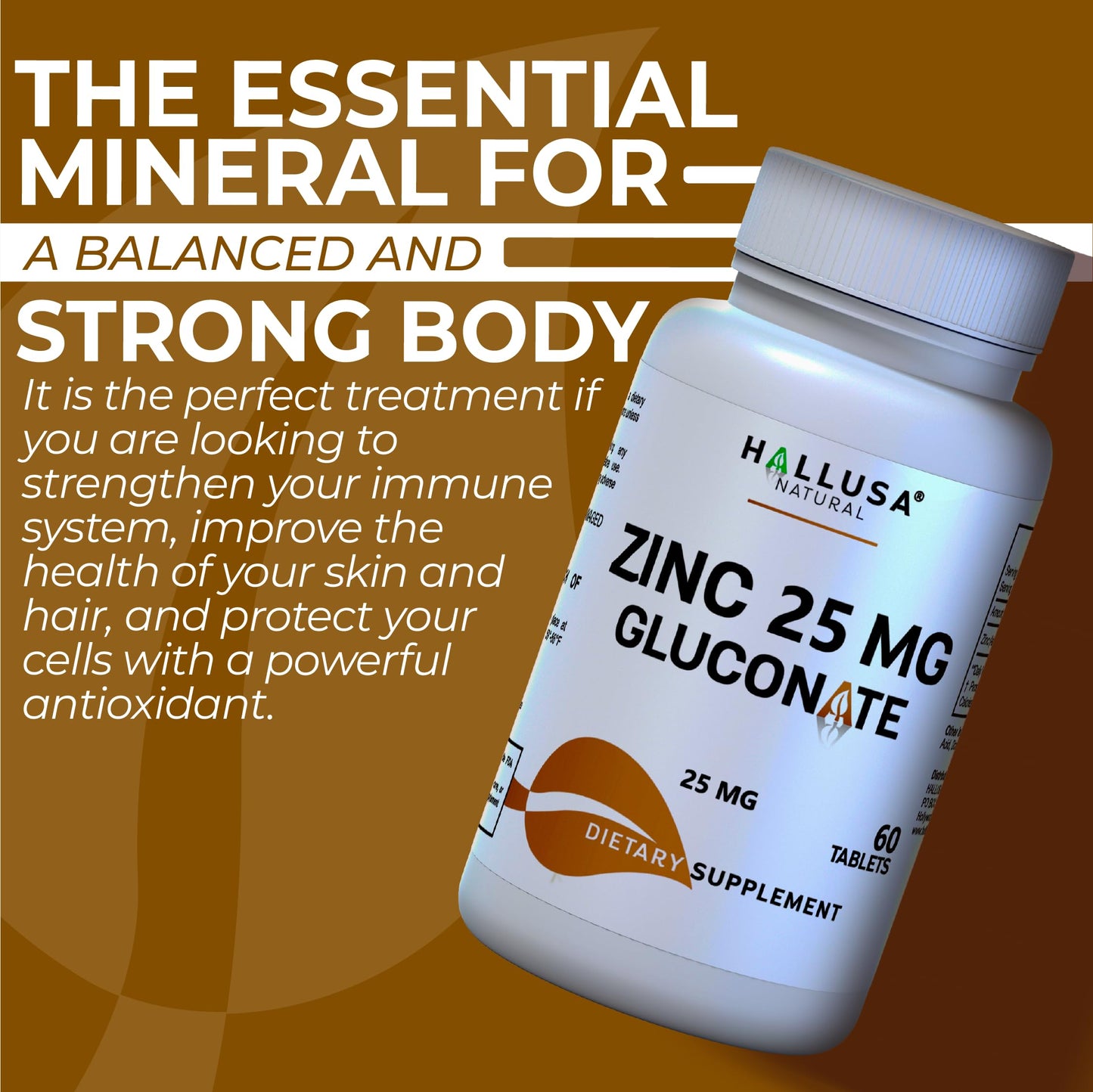 Hallusa Natural Zinc 25 mg - Zinc Gluconate Supplement, 60 Tablets