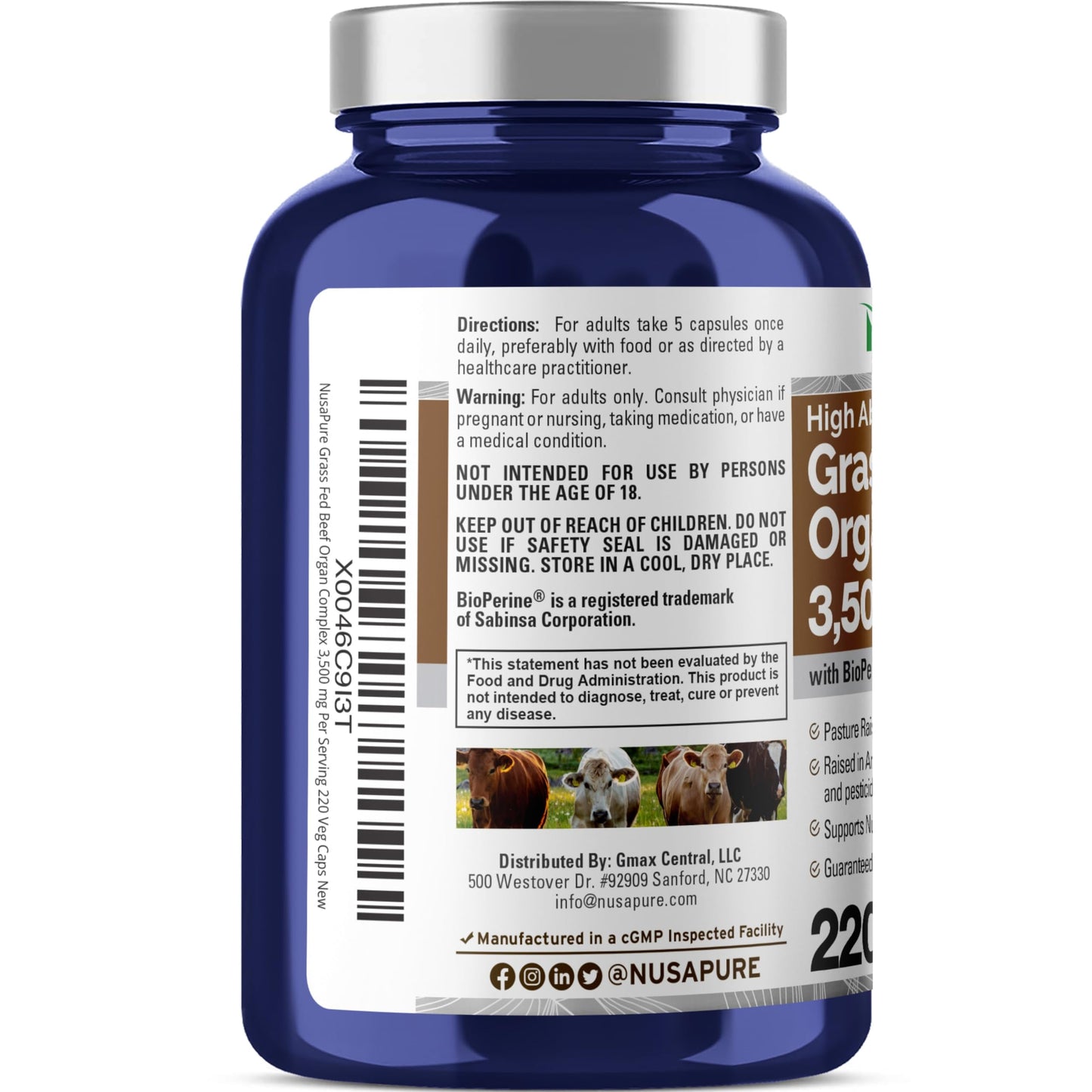 NusaPure Grass Fed Beef Liver Extract Capsules 3500mg, 220 Count