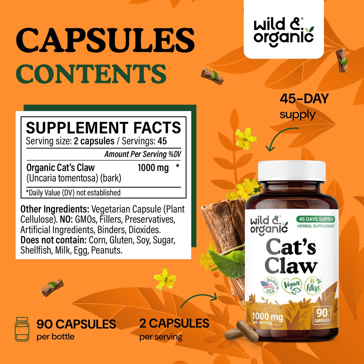 Wild & Organic Cat's Claw Herbal Supplement 1000 mg Capsules, 90 Count