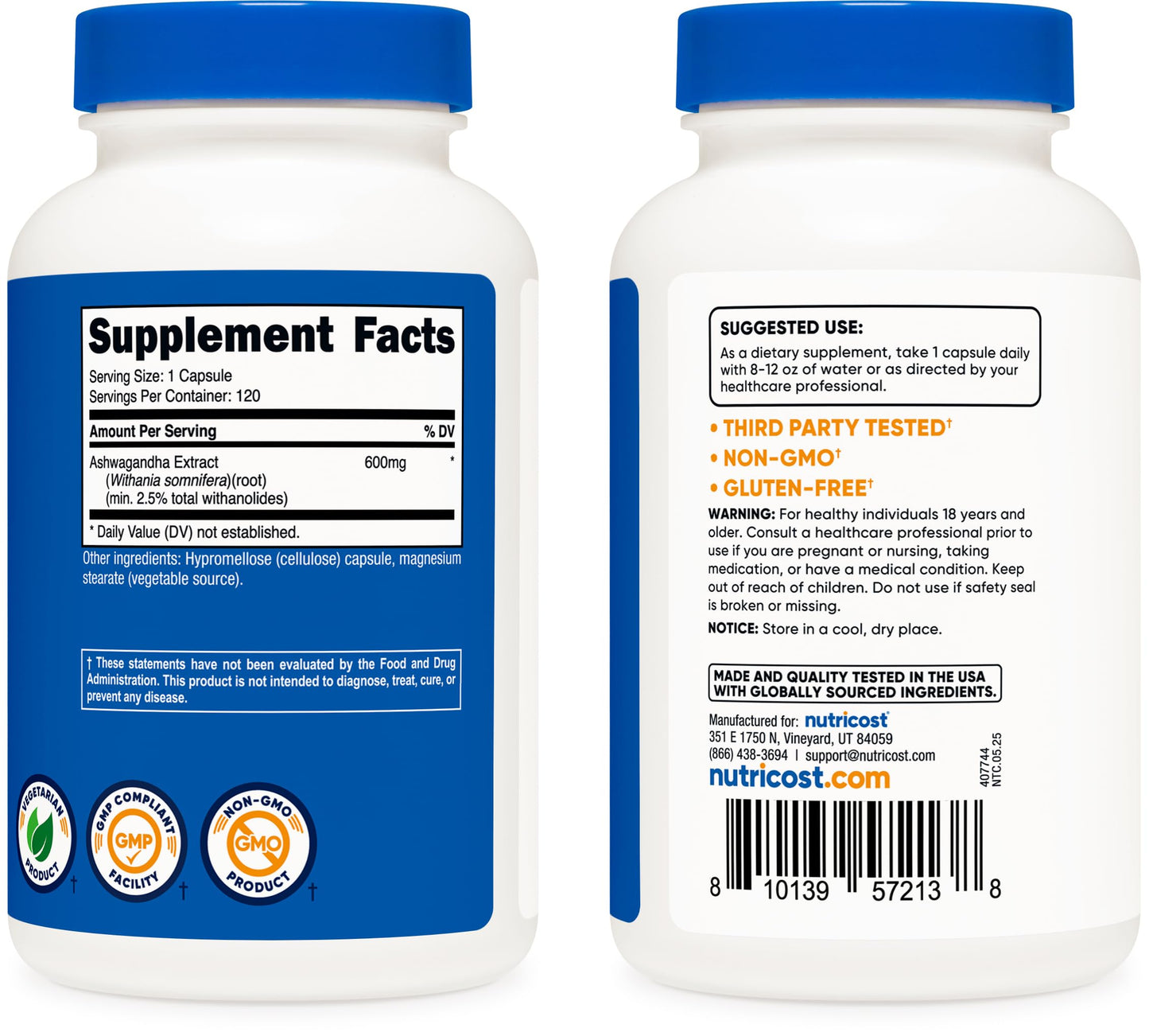 Nutricost Ashwagandha Herbal Supplement 600mg Capsules, 120 Count