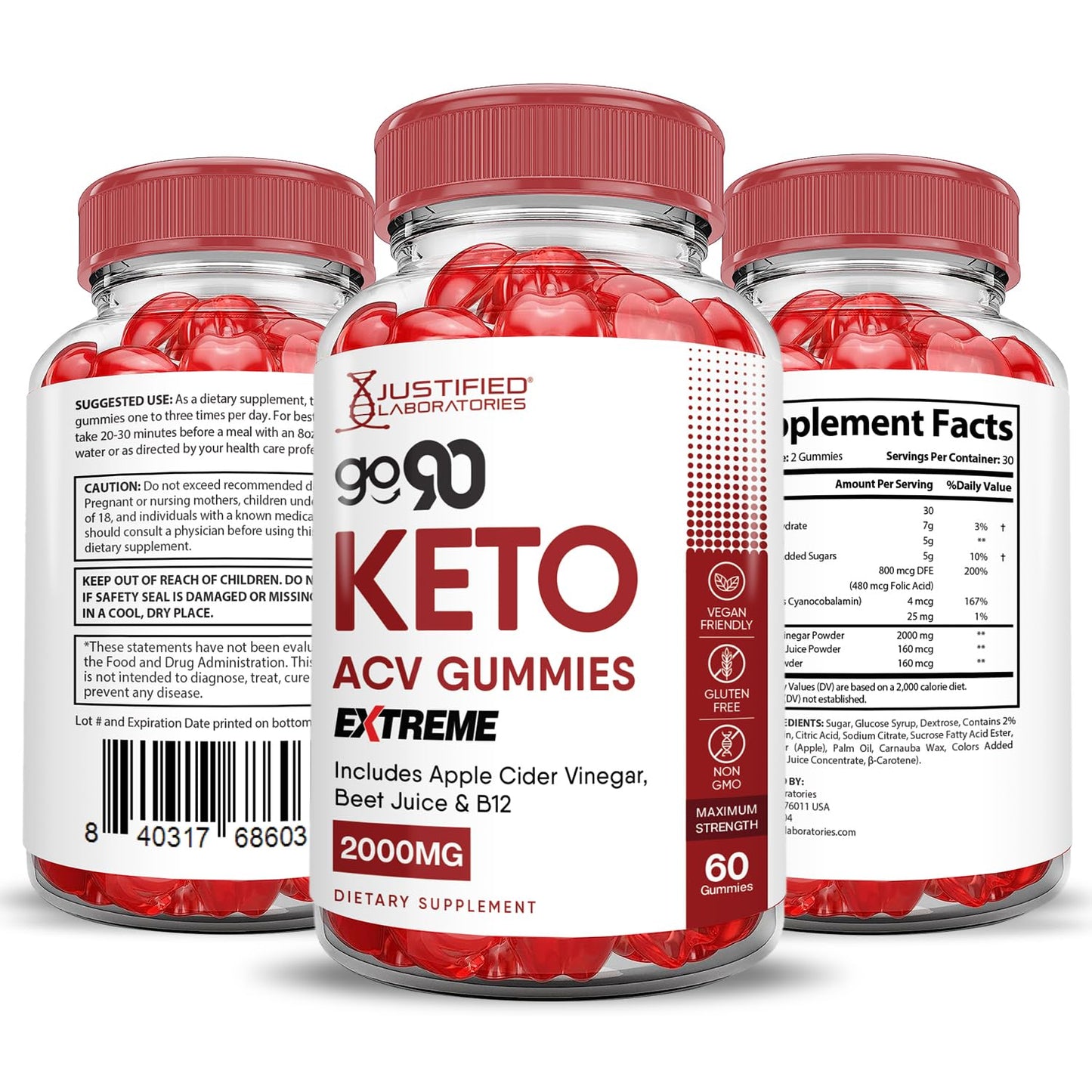 Justified Laboratories Go 90 Keto ACV Gummies Extreme 2000MG Apple Cider Vinegar with Pomegranate Beet Juice Powder B12, Vegan Non-GMO, 300 Gummies