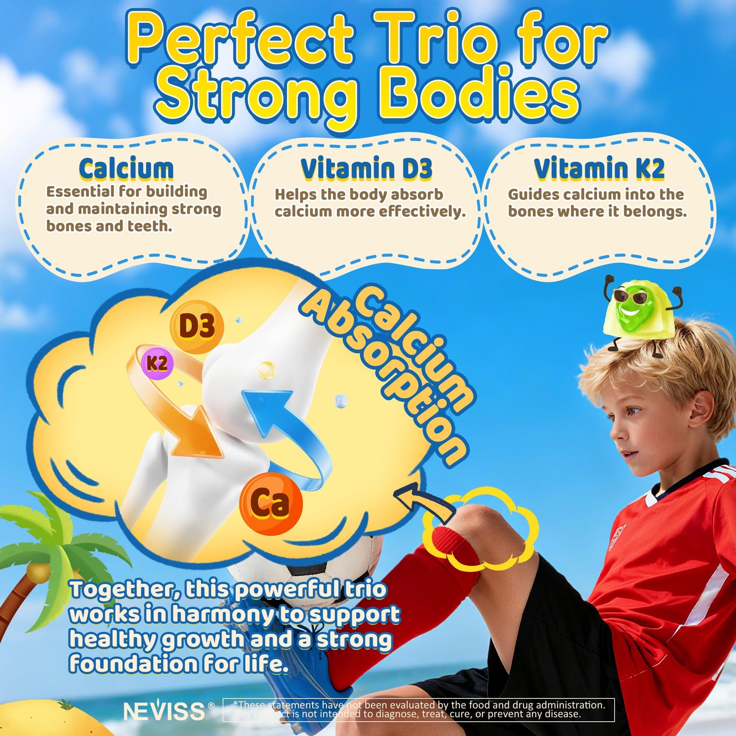 NEVISS Kids Calcium Gummies + Vitamin D3 (1000IU/2000IU), K2, Magnesium, Phosphorus, Probiotic, Algae Calcium Supplement for Kids 4+ & Teens for Bones & Teeth, Extra Calcium Absorption, Sugar Free, 60 Gummies
