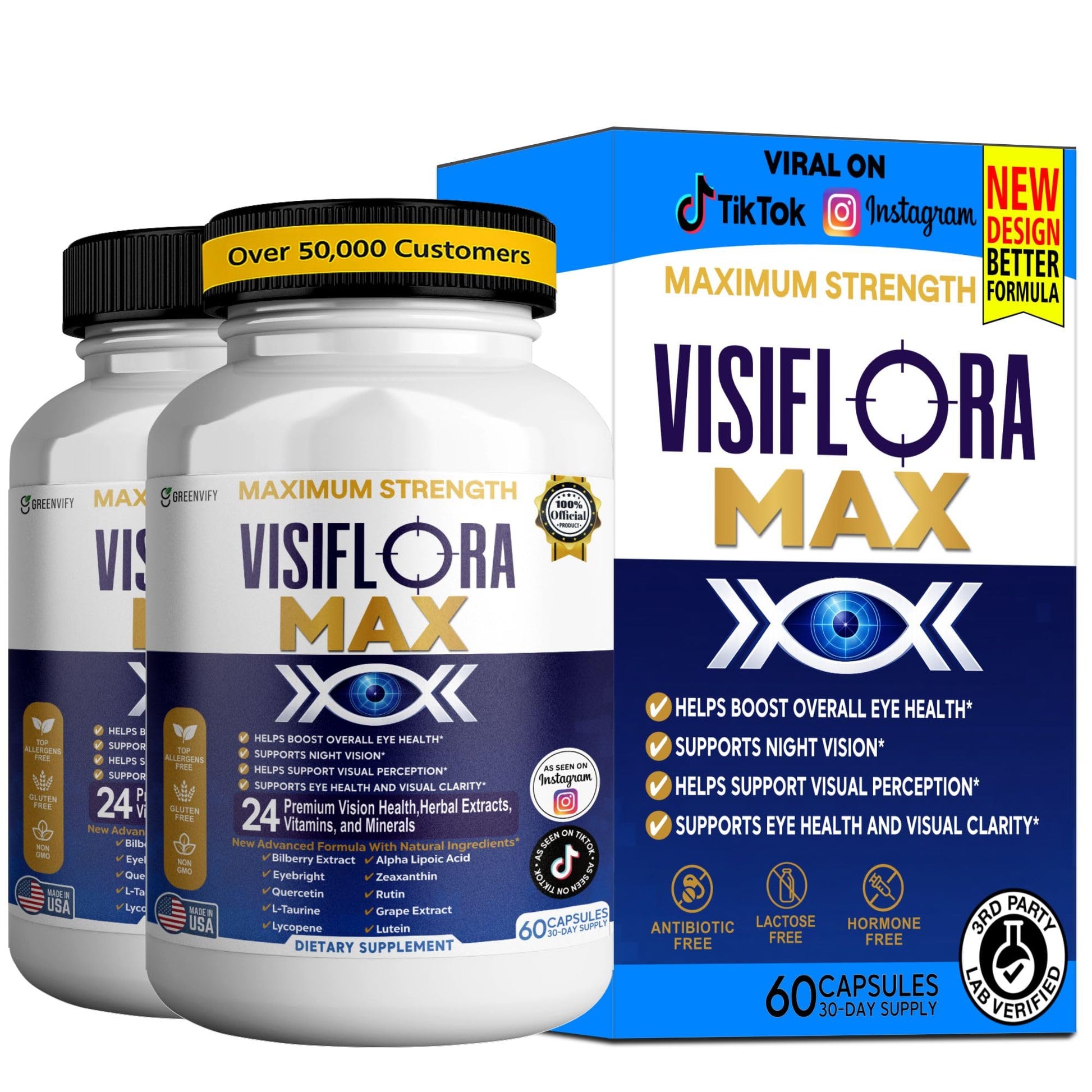 GREENVIFY VisiFlora Max Eye Health Supplement, Vitamins and Minerals, Lutein, Bilberry Extract, 60 Capsules