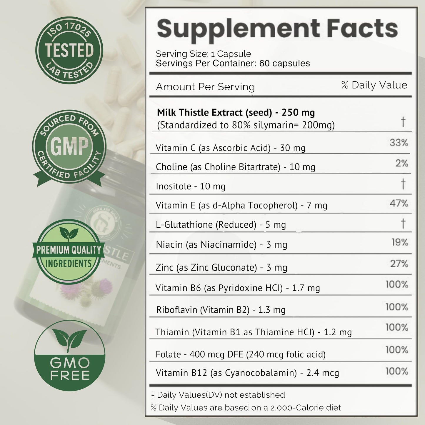 Sownandgrown Milk Thistle 250mg Concentrated Extract with Silymarin – High Potency Liver Cleanse Detox & Support Supplement – 60 Capsules
