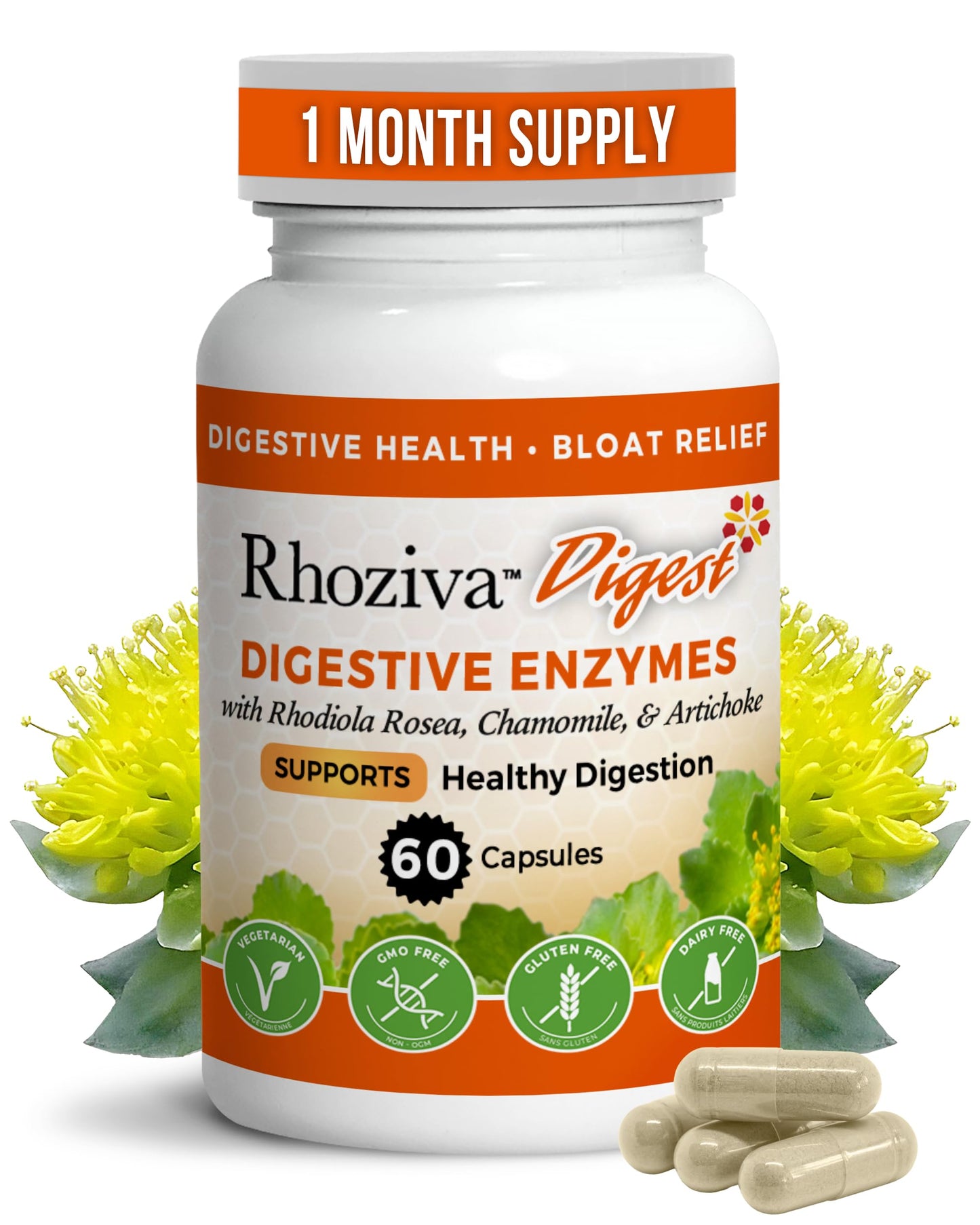 Rhoziva Digest Gut Health Supplement with Digestive Enzymes Capsules 60