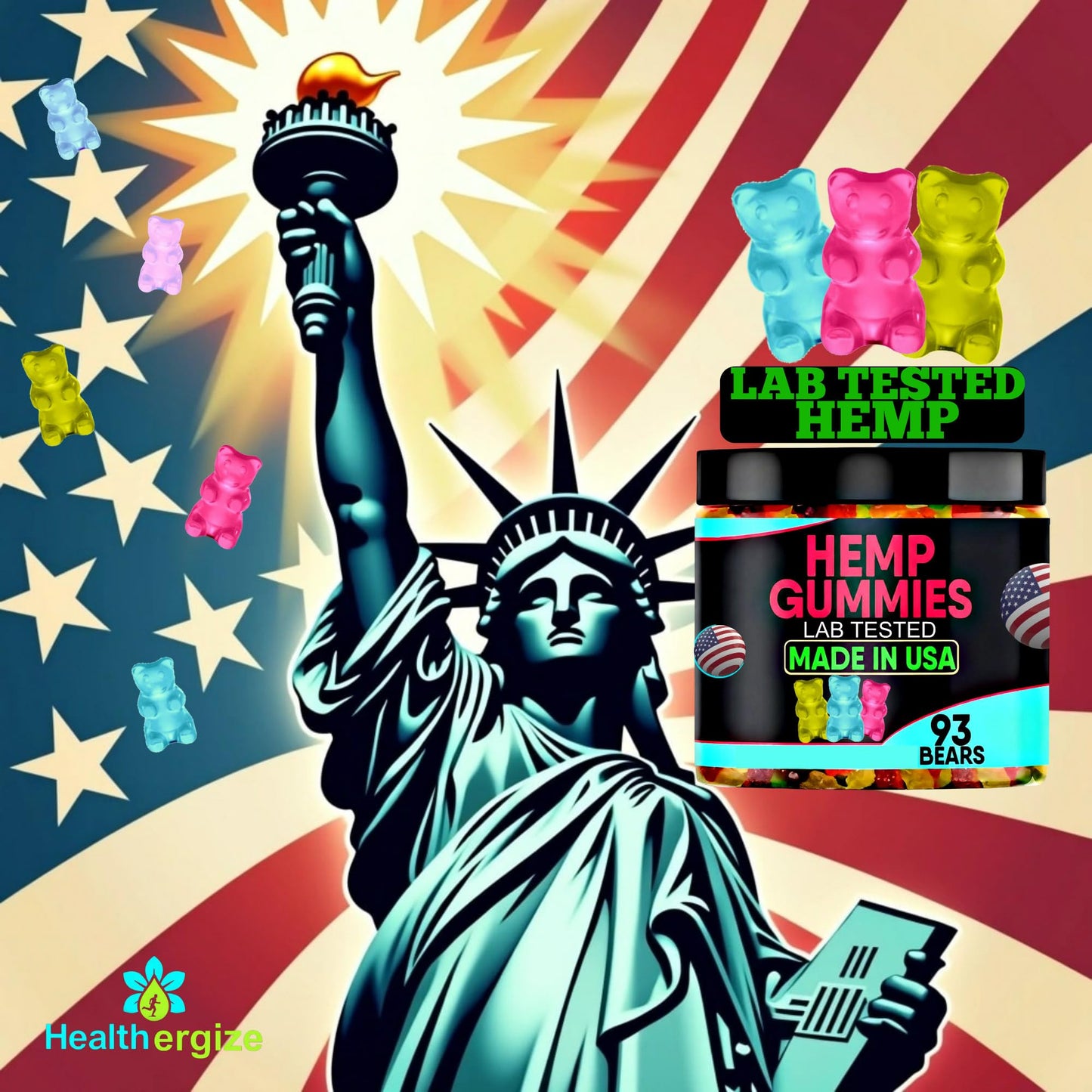 Healthergize Hemp Gummies Sleep Edibles for Relaxation-Calm and Peace Hempseed Oil Gummy Bears Candy, 93 Capsules