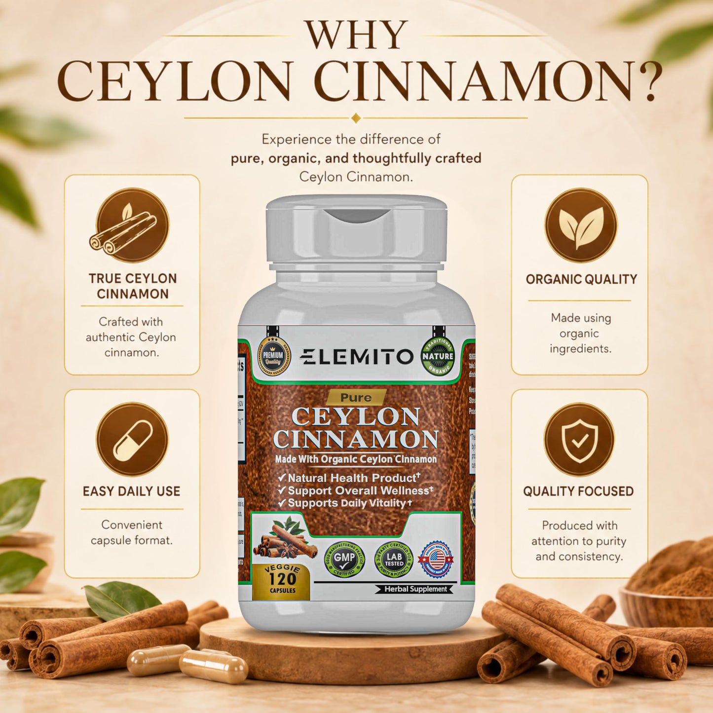ELEMITO Organic Ceylon Cinnamon Capsules 120 Count