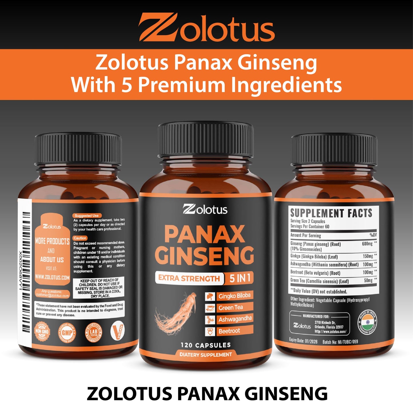 Zolotus Korean Red Panax Ginseng + Ginkgo Biloba, Ashwagandha, Beetroot, Green Tea Capsules 240