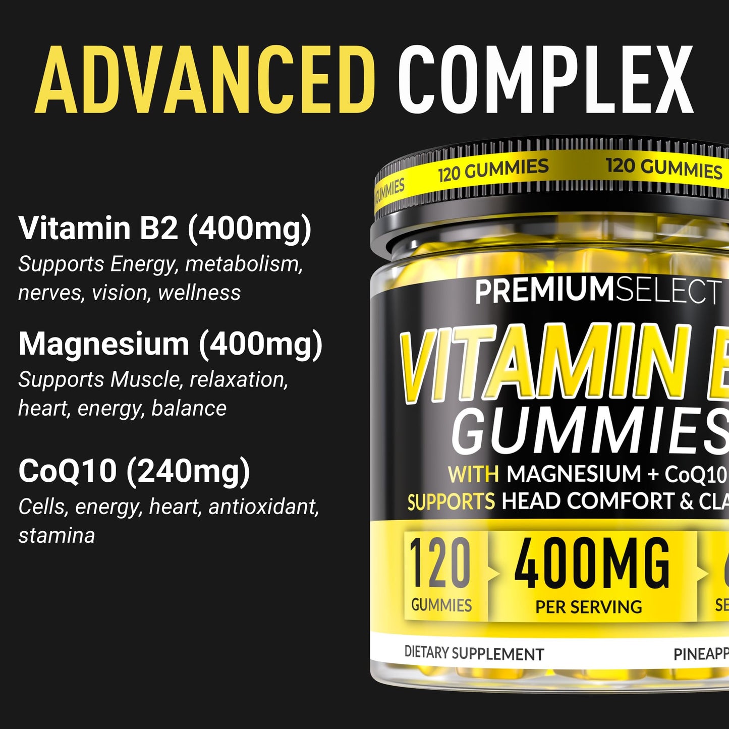 Premium Select Nutrition Vitamin B2 Riboflavin 400mg Gummies 120 Count