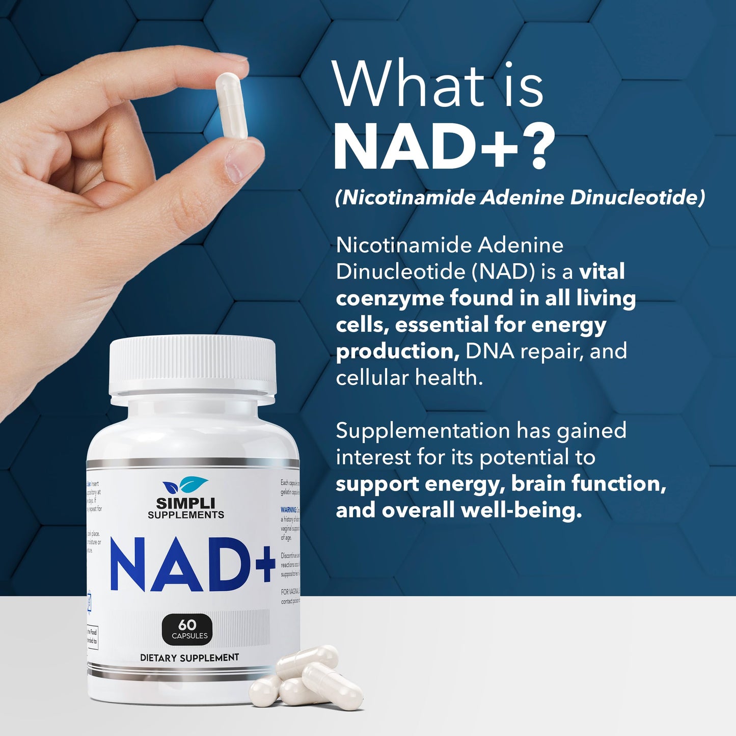 Simpli Supplements NAD Supplement for Anti-Aging and Cell Regeneration | NAD Booster 500mg Per Serving | NMN Supplement Alternative | Similar to Nicotinamide Riboside 120 Capsules
