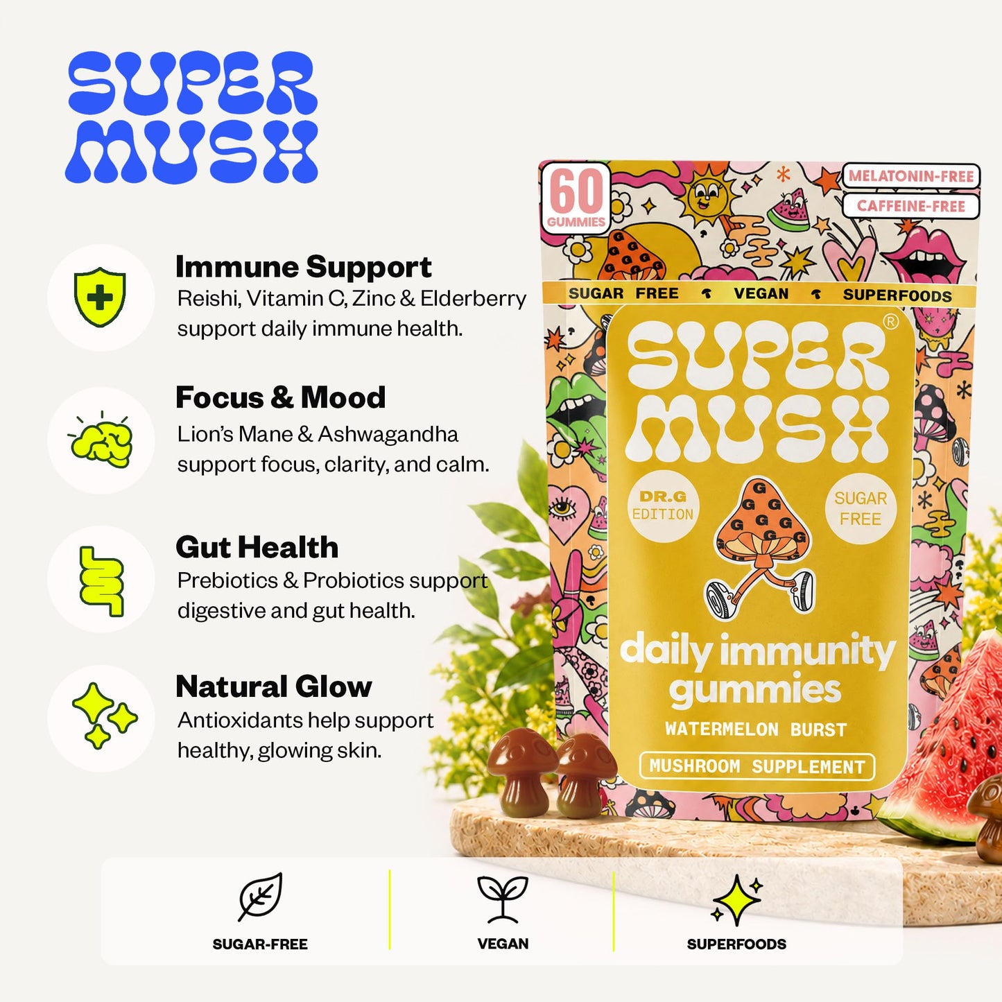 SuperMush Dr. G Daily Greens Immunity Gummies Lion's Mane 60 Count