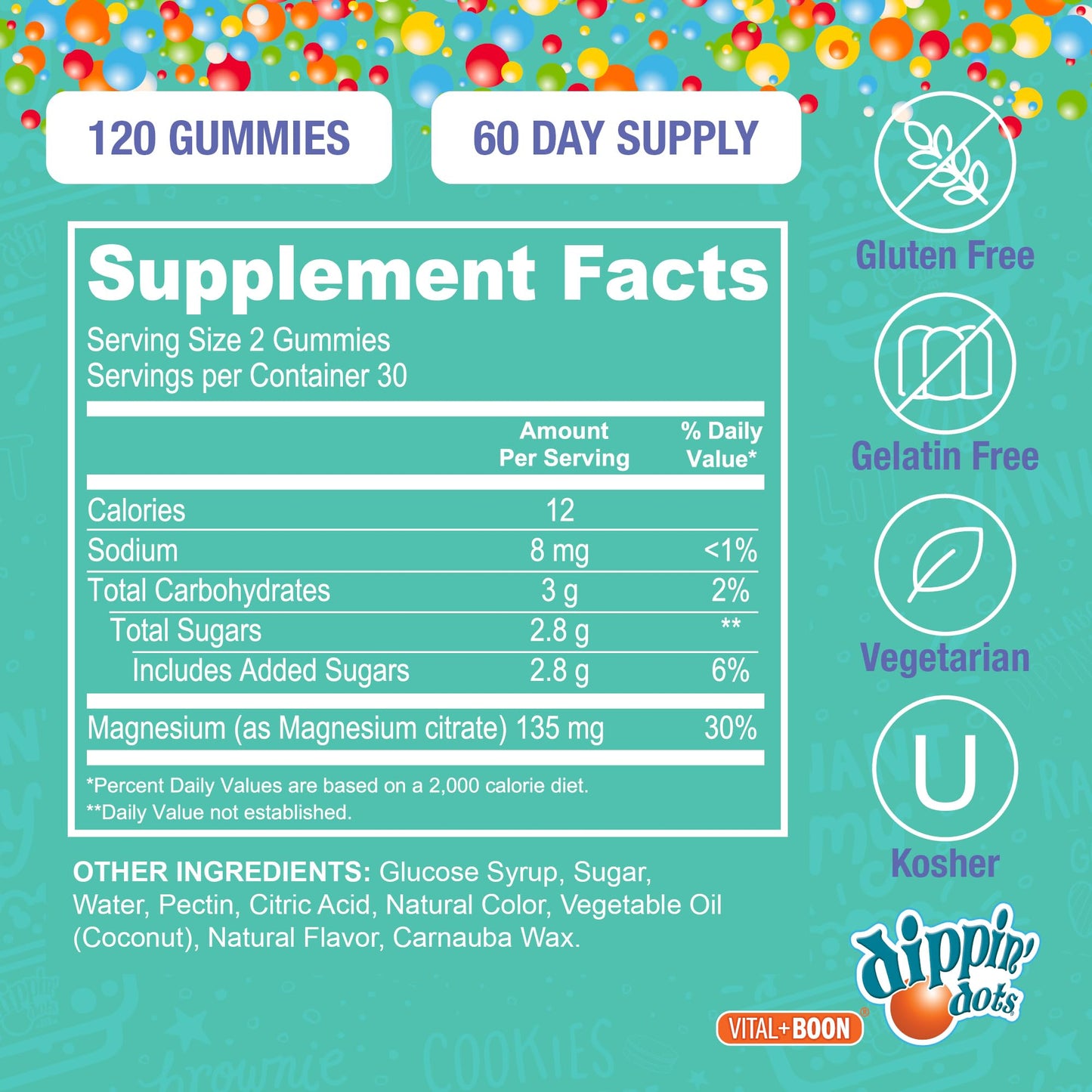 Vital+Boon Dippin' Dots Calm Magnesium Gummies for Kids & Adults, Raspberry 120 Gummies