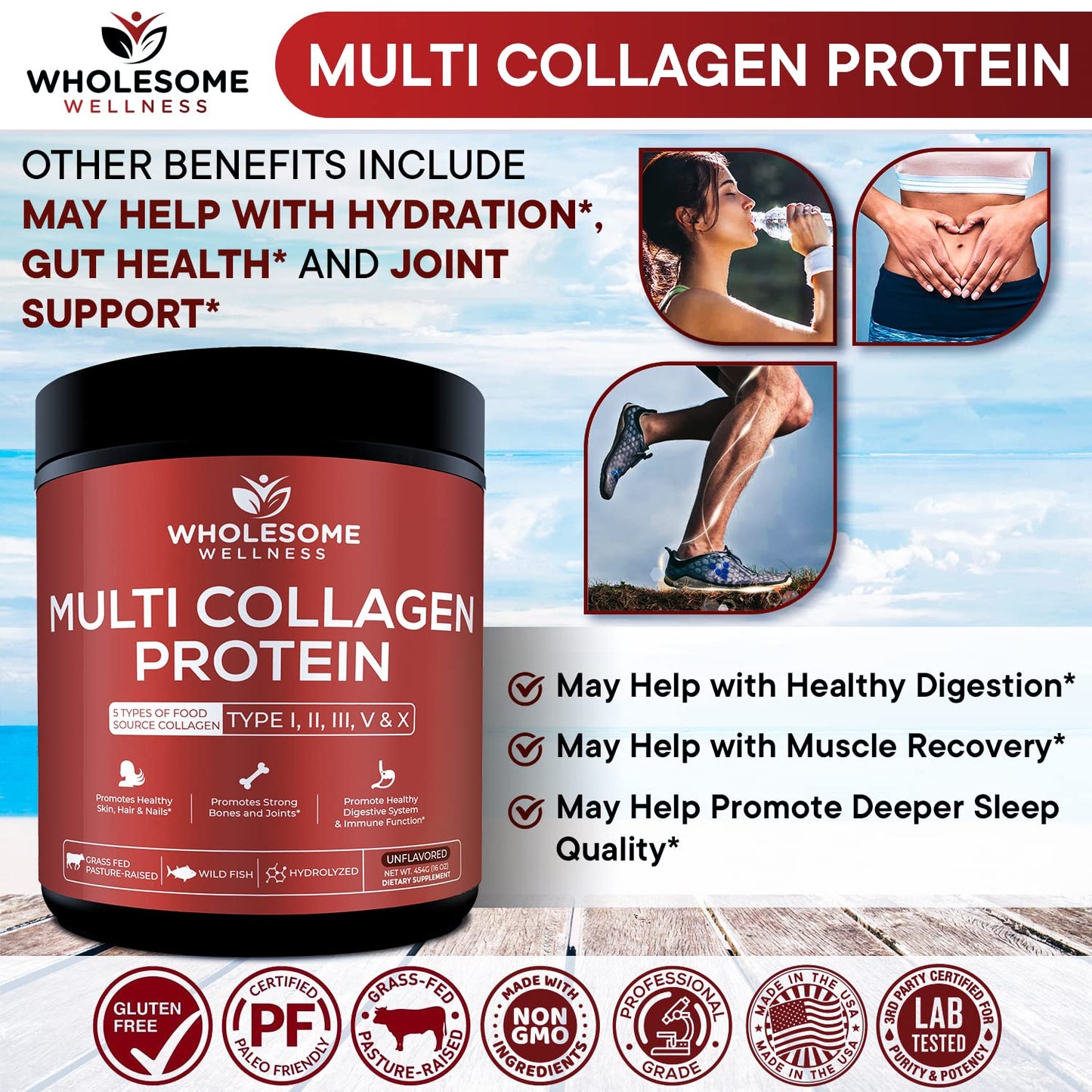 Wholesome Wellness Premium Multi Collagen Peptides Protein Powder, 16