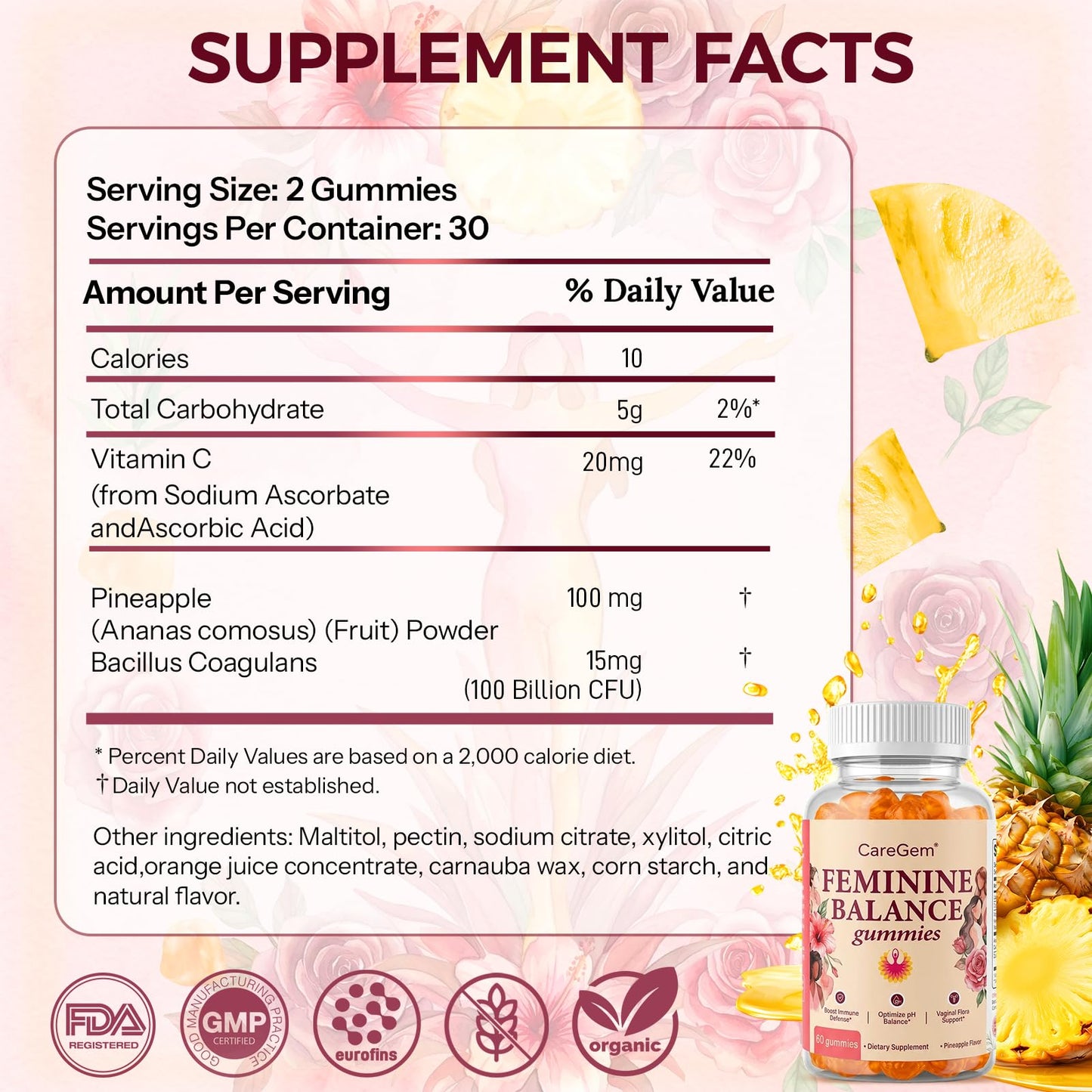 CareGem Feminine Balance Gummies – pH Balance for Women & Vaginal Health – Pineapple Probiotics with Bacillus Coagulans – Odor Control & Flora Support, 60 Gummies