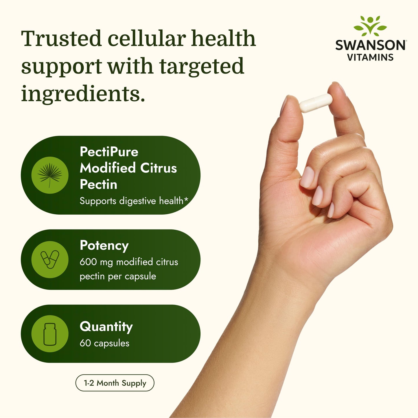 Swanson PectiPure Modified Citrus Pectin Cellular and Digestive Health Supplement Capsules, 60 Count