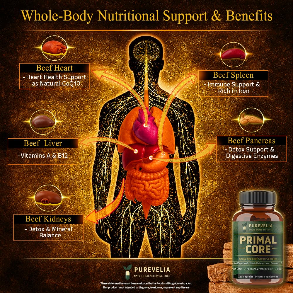 Purevelia Primal Core Grass-Fed Beef Organ Complex Capsules, 120 Count
