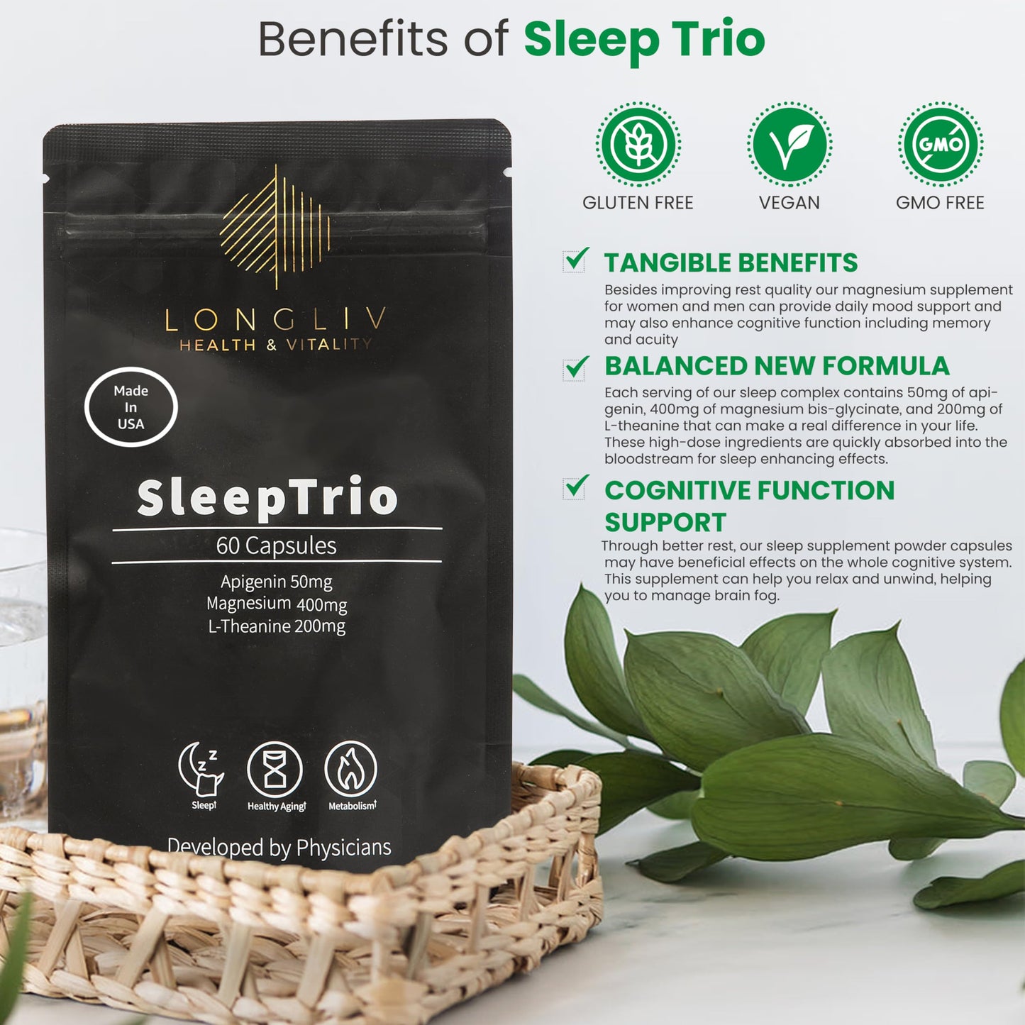 LongLiv Health and Vitality Sleep Trio Magnesium Apigenin L-Theanine, 60 Capsules