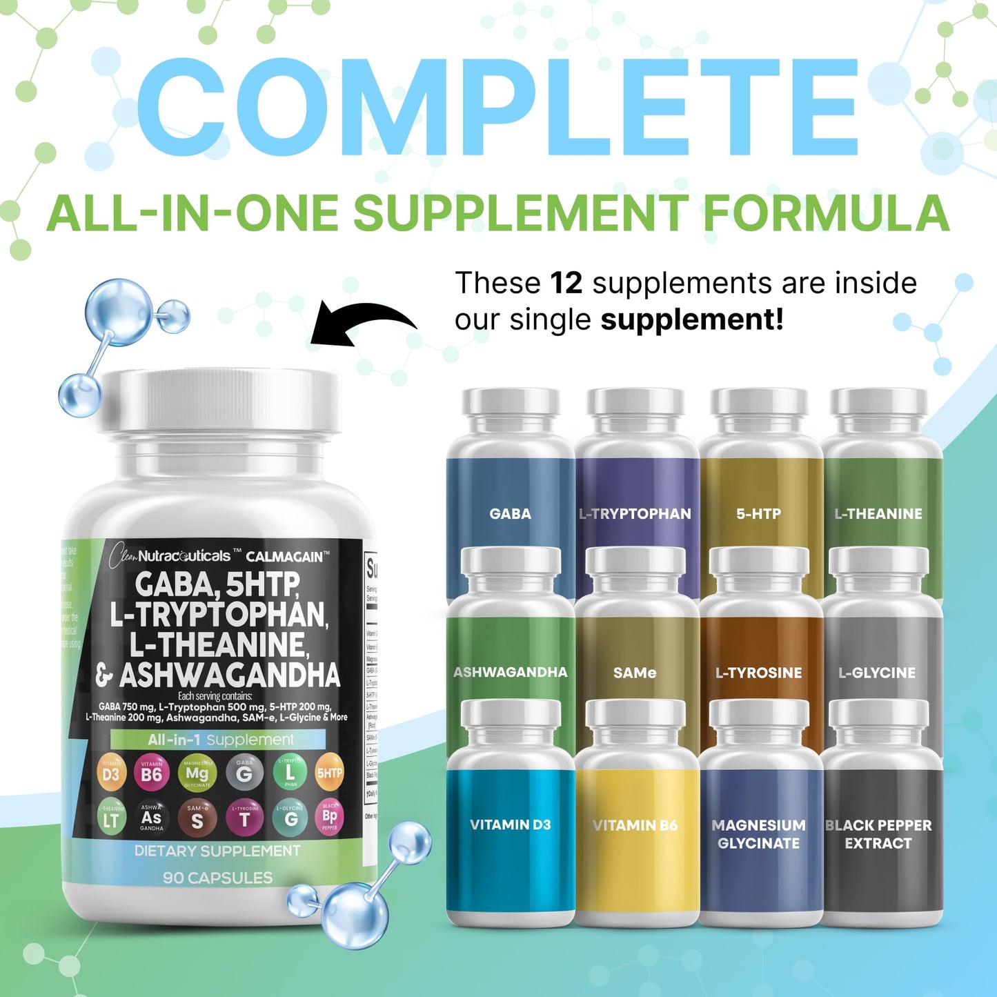 Clean Nutraceuticals GABA 750mg 5-HTP 200mg L-Tryptophan 500mg L-Theanine 200mg Ashwagandha SAM-e L-Glycine Mood Support Capsules, 90 Capsules