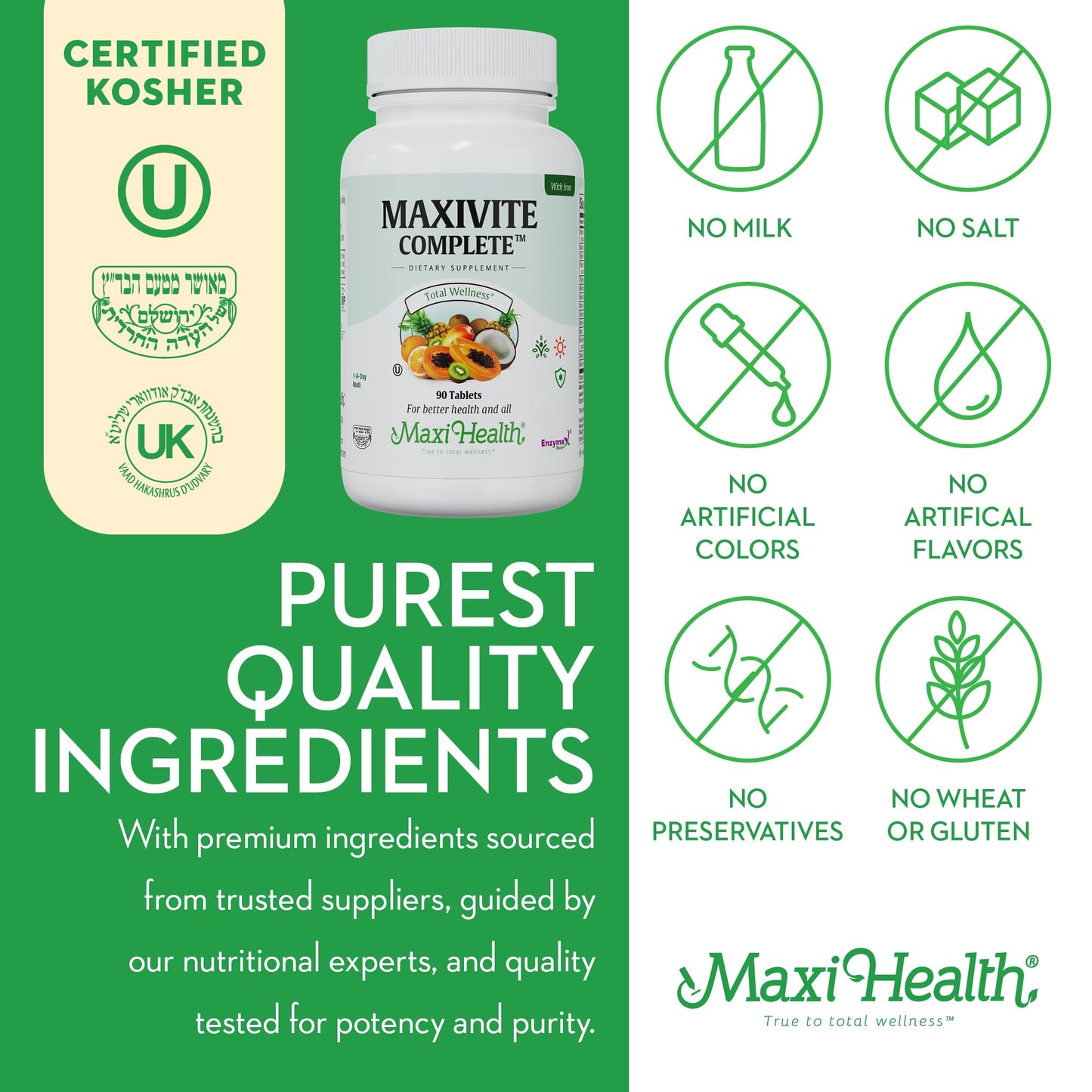 Maxi Health Complete Once Daily Multivitamin for Men & Women with Iron, Vitamin A, B1, B2, B3, B6, B12, C, D3, E, Zinc, 90 Tablets
