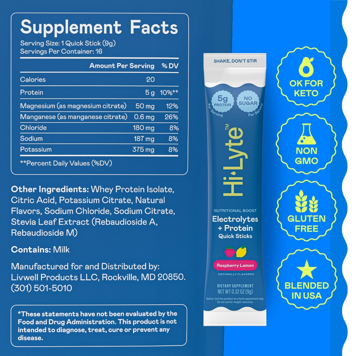 Hi-Lyte Electrolytes + Protein Quick Sticks Raspberry Lemon Powder 5.08 oz