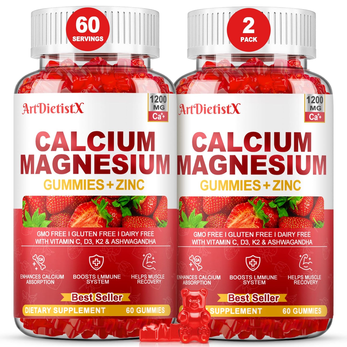 ArtDietistX Calcium Magnesium Zinc Gummies with Vitamin D3 for Adults, 120 Gummies