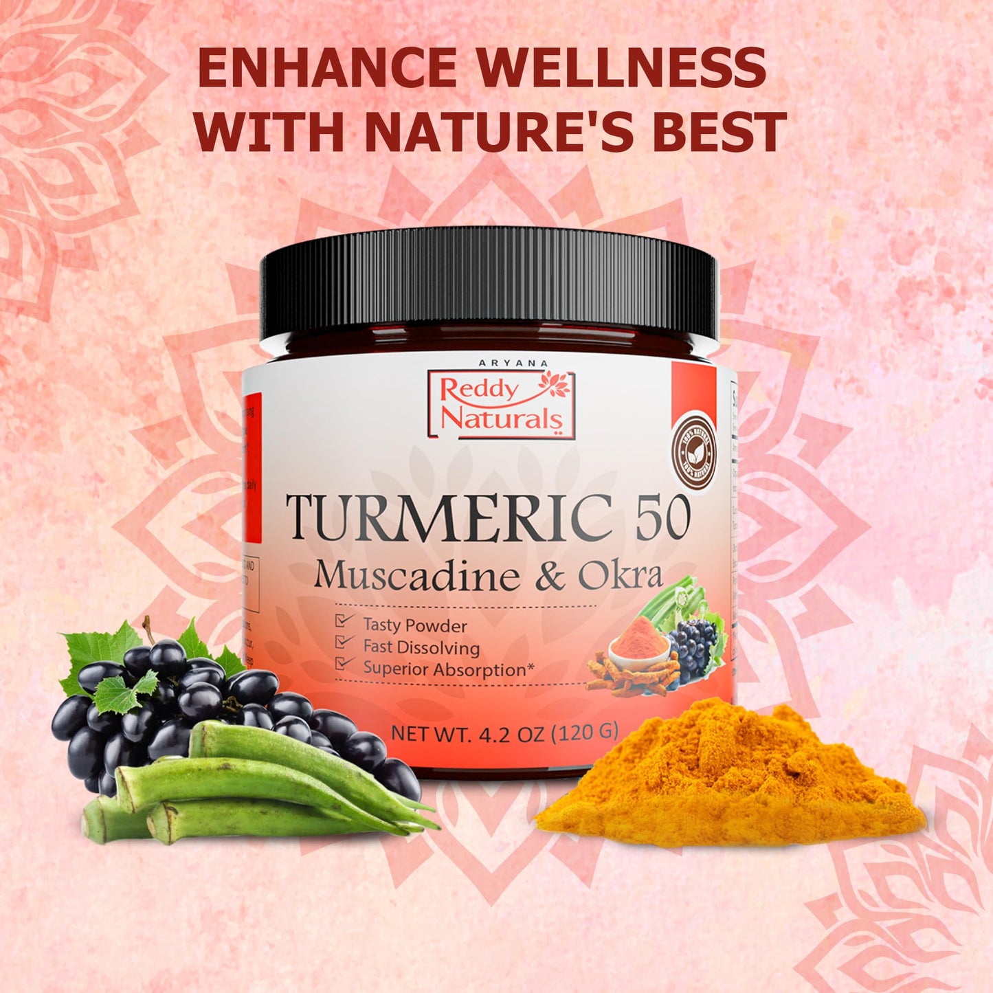 Reddy Naturals Aryana Turmeric 50 Organic Turmeric Supplement Powder 4.2 oz with Muscadine Grape & Okra – Fast-Dissolving, Plant-Based Formula for Daily Wellness – 30 Servings