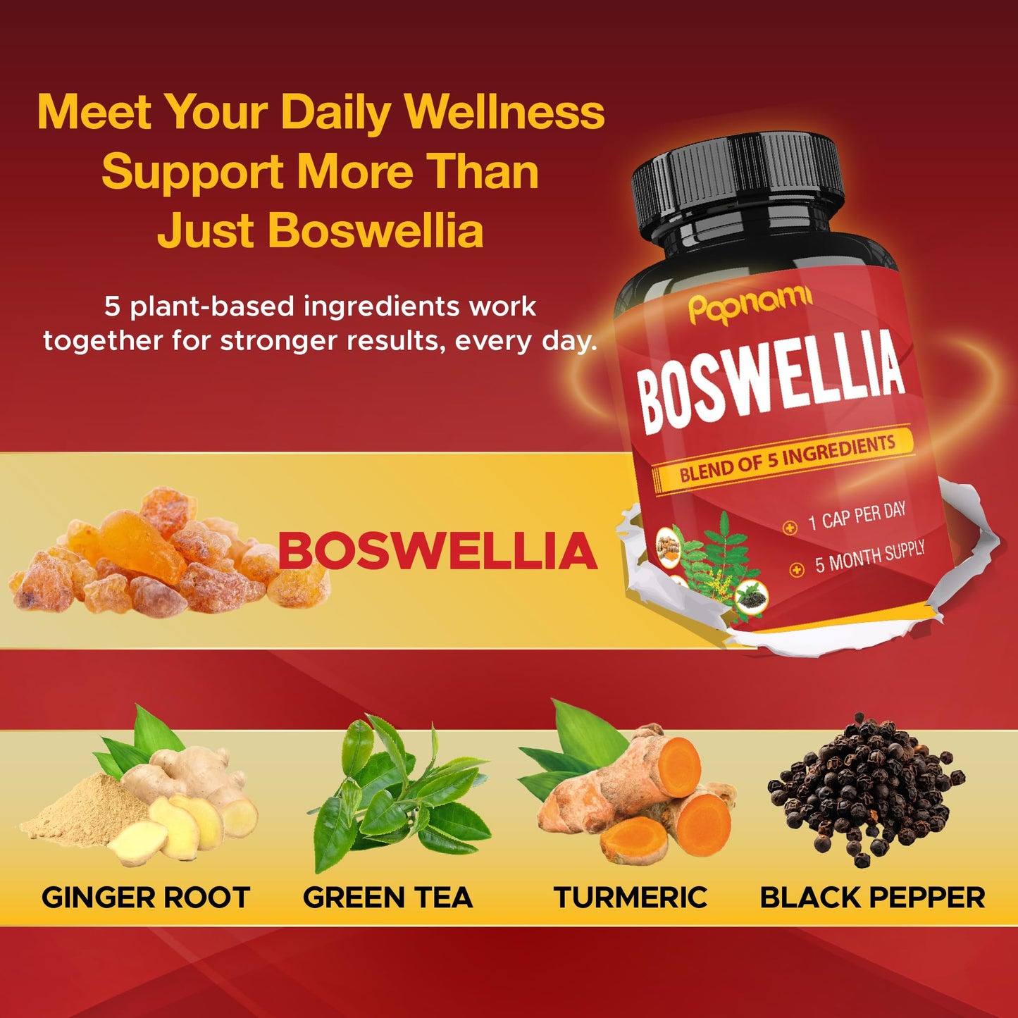 Papnami Boswellia Serrata Extract Capsules with Turmeric, Ginger, Pepper, Green Tea, 150 Capsules