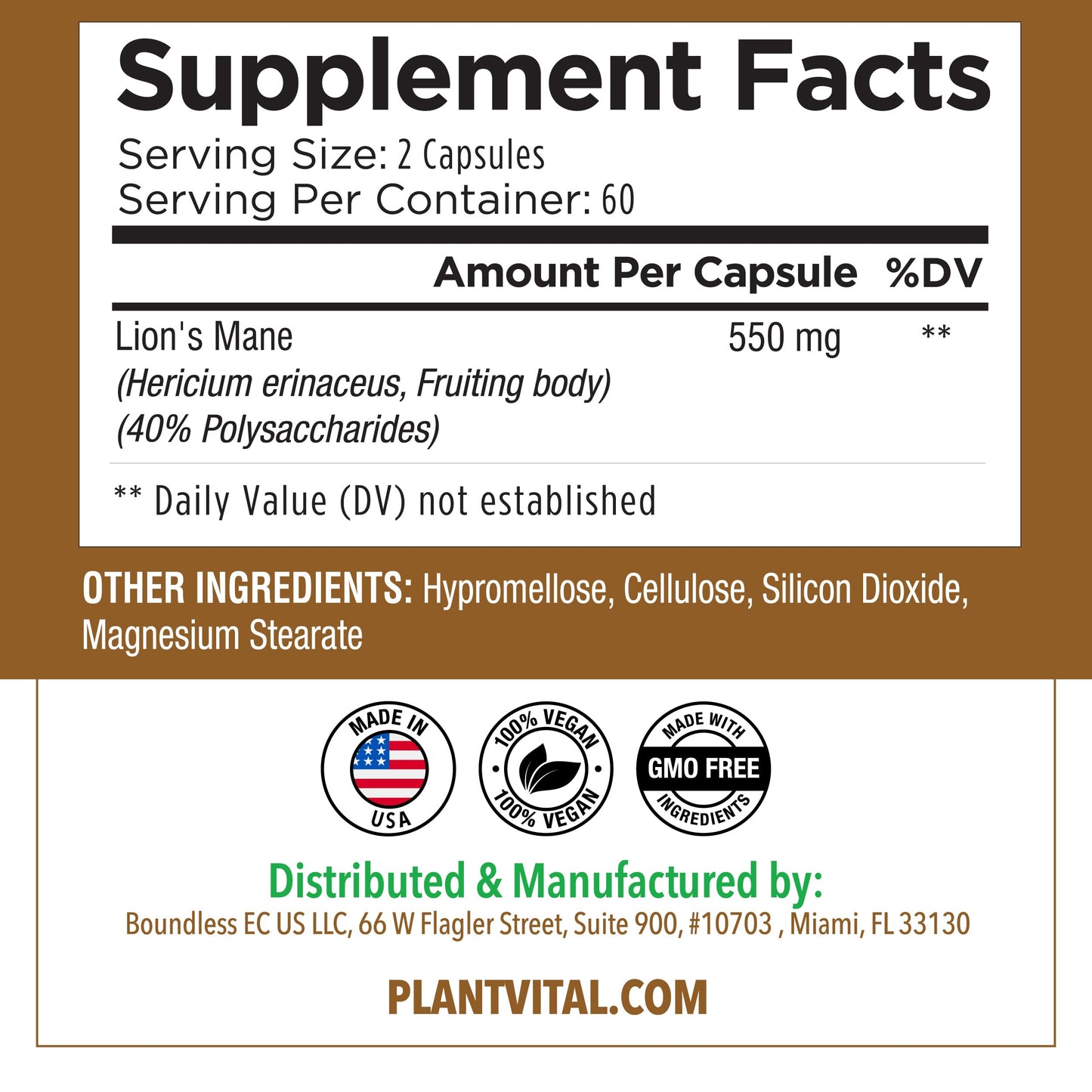 Plantvital Lion's Mane Mushroom Capsule, 120 Capsules