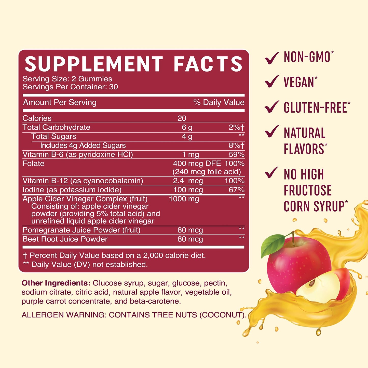 MAV NUTRITION Organic Apple Cider Vinegar Gummies, 1000mg ACV per Serving, With The Mother, Vitamin B6, B12 & Folate, Vegan, Gluten-Free, 60 Gummies