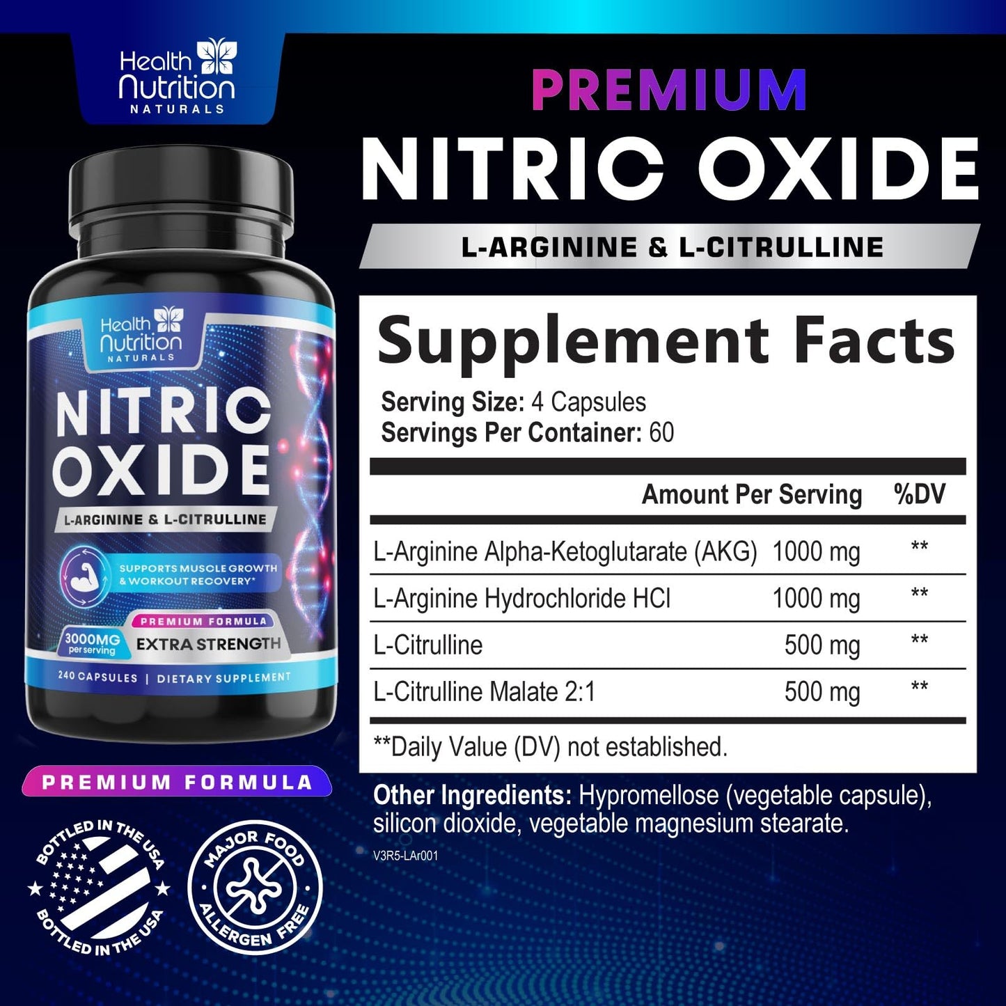 Health Nutrition Naturals Extra Strength Nitric Oxide Booster - 3X Strength L-Arginine AKG & Citrulline Malate - Men & Women Premium Pre Workout Nitric Booster - Natural Energy & Muscle Support, Bottled in USA 240 Capsules