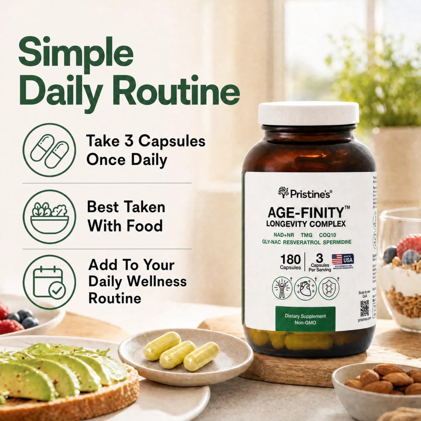 PRISTINE'S Age Finity NAD+ & NR Cellular Optimization Mitochondrial Supplement Capsules, 180 Count