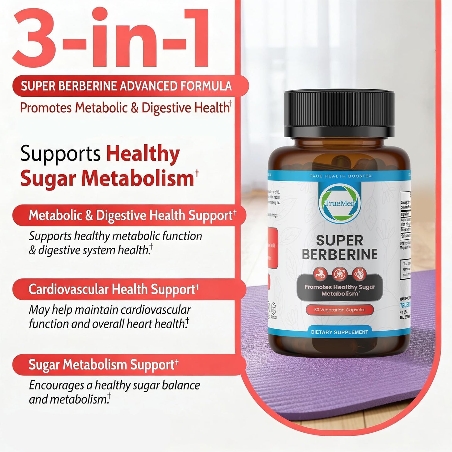 TRUEMED Super Berberine 250mg & Ceylon Cinnamon 4000mg Capsule, 30 Count