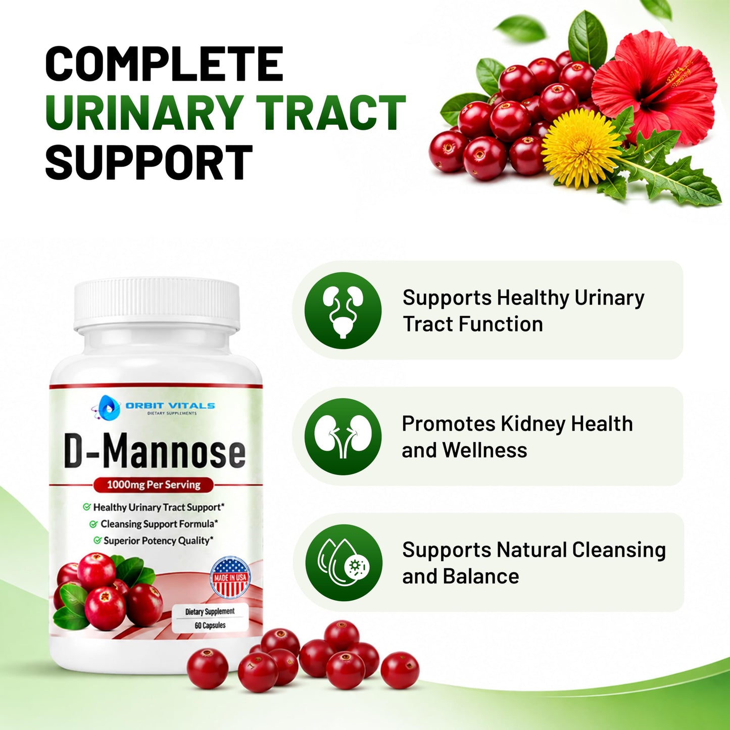 Orbit Vitals D-Mannose with Cranberry, Dandelion & Hibiscus Extract Aids in Bladder, Urinary Tract Support, Flush Impurities, Ultra Absorption Gluten Free & Non GMO, 60 Capsules