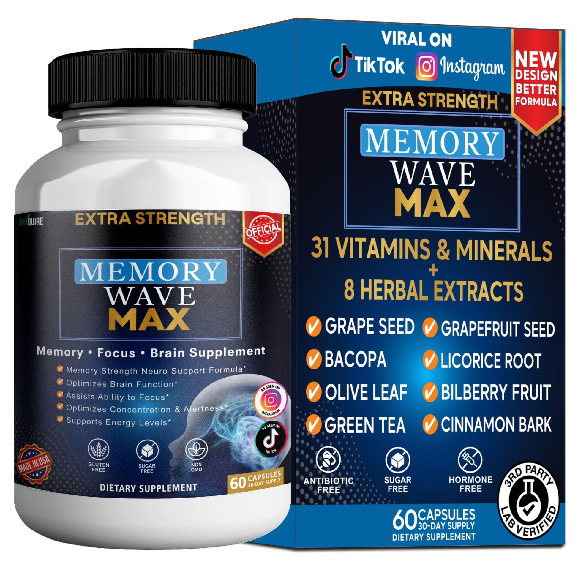 BIOQUIRE Memory Wave Max Extra Strength Brain Supplement Capsule, 60 Capsules