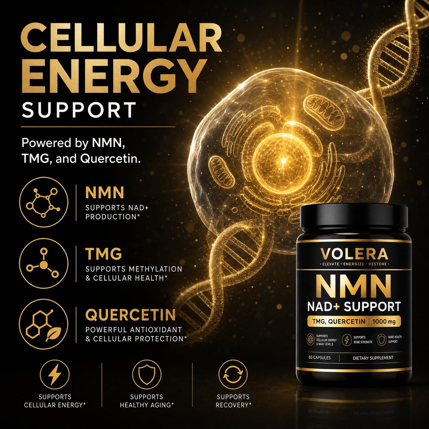 Zurith Volera NMN Bone Complex with TMG & Quercetin, 4-in-1 Cellular Energy Support Formula, 60 Capsules