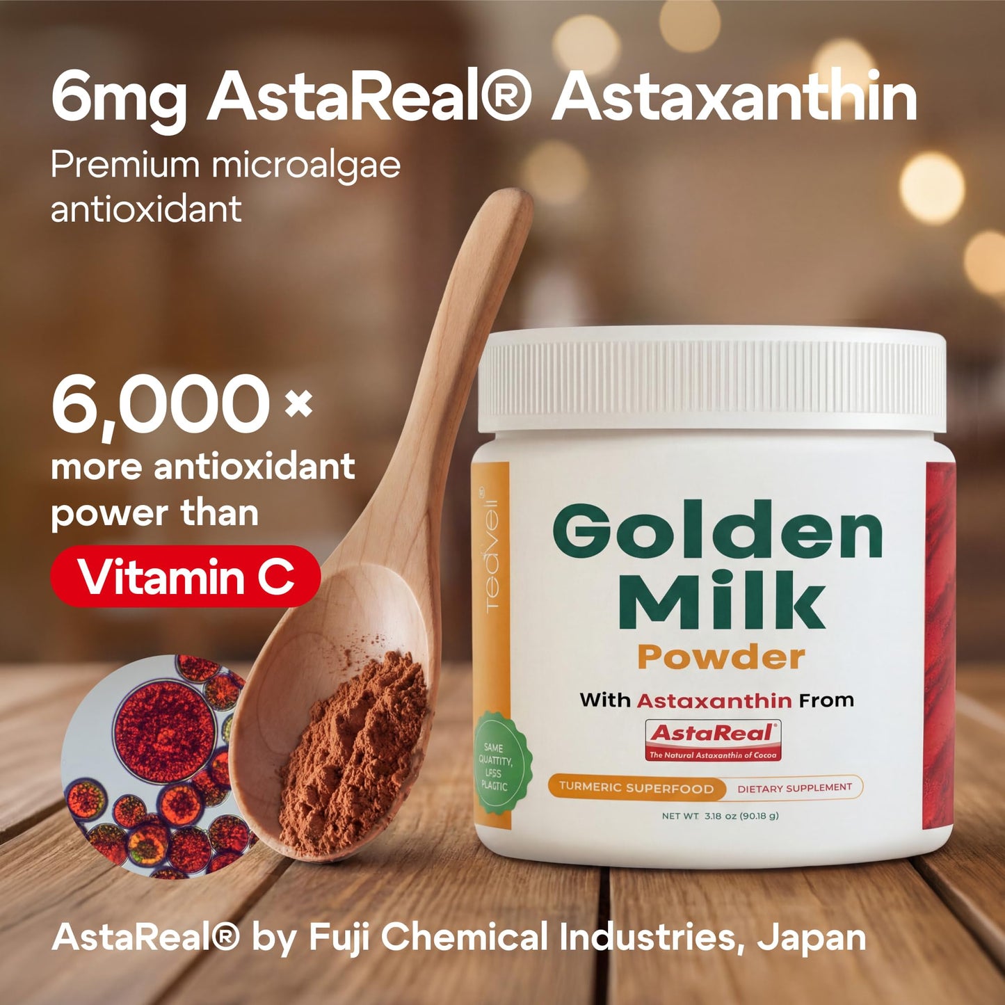 Teaveli Golden Milk Powder with Turmeric, Ginger, Curcumin, Cinnamon, KSM66 Ashwagandha, Tulsi & Natural Prebiotics– Unsweetened & Vegan Friendly with Astaxanthin Capsule 1