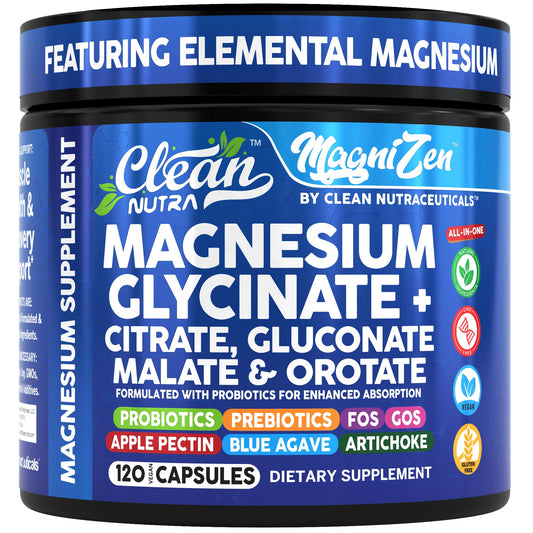 Clean Nutraceuticals Magnesium Glycinate Citrate Malate Orotate Taurate Supplement Complex, 120 Capsules