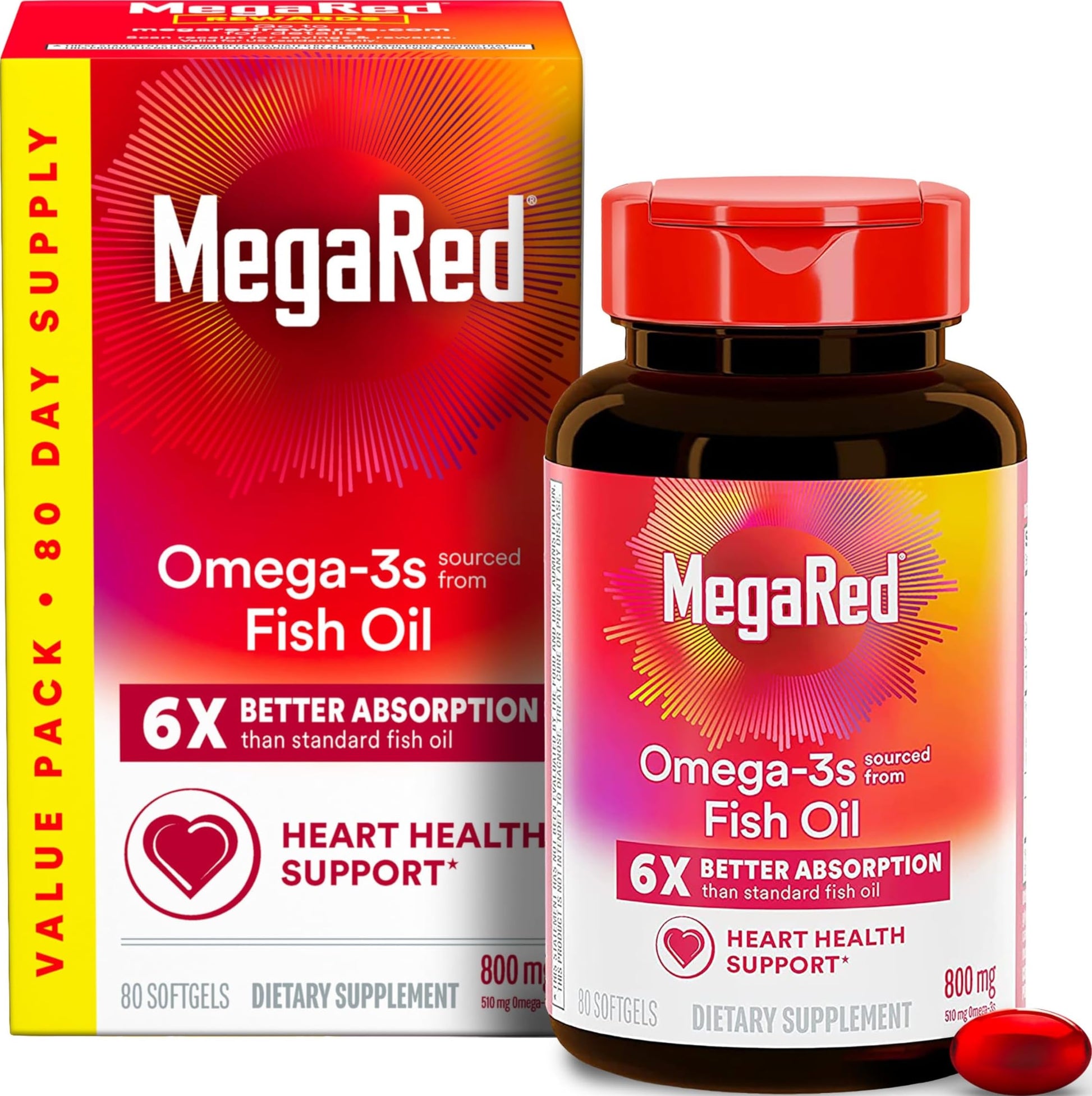 MegaRed Fish Oil 800mg Omega-3 with EPA & DHA Softgels, 80 Count