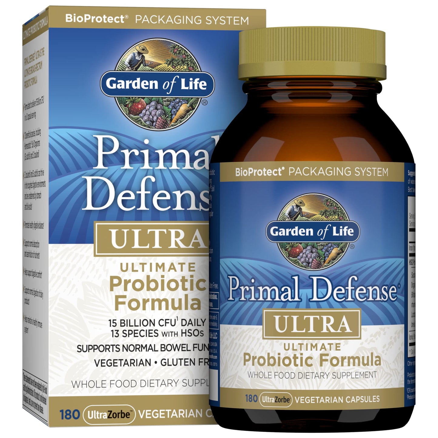 Garden of Life Probiotics for Digestive Health and Gut Health Balance, Primal Defense Ultra Ultimate Formula, 15 Billion CFU and 13 Strains Plus HSOs, Vegetarian and Gluten Free, 180 Capsules