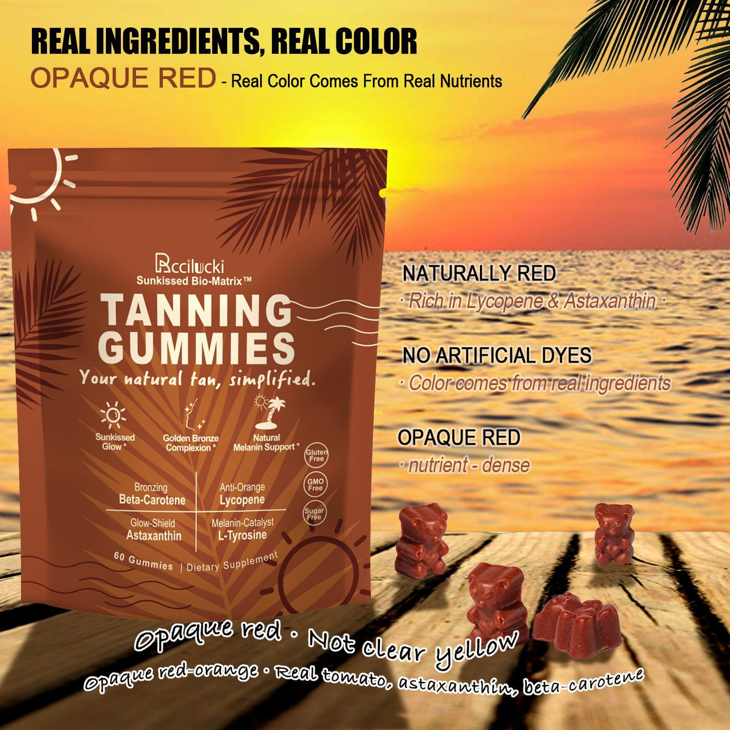 Rccilucki Tanning Gummies with L-Tyrosine & Astaxanthin, Beta Carotene & Lycopene for Natural Golden Glow, Watermelon Flavor, 60 Gummies