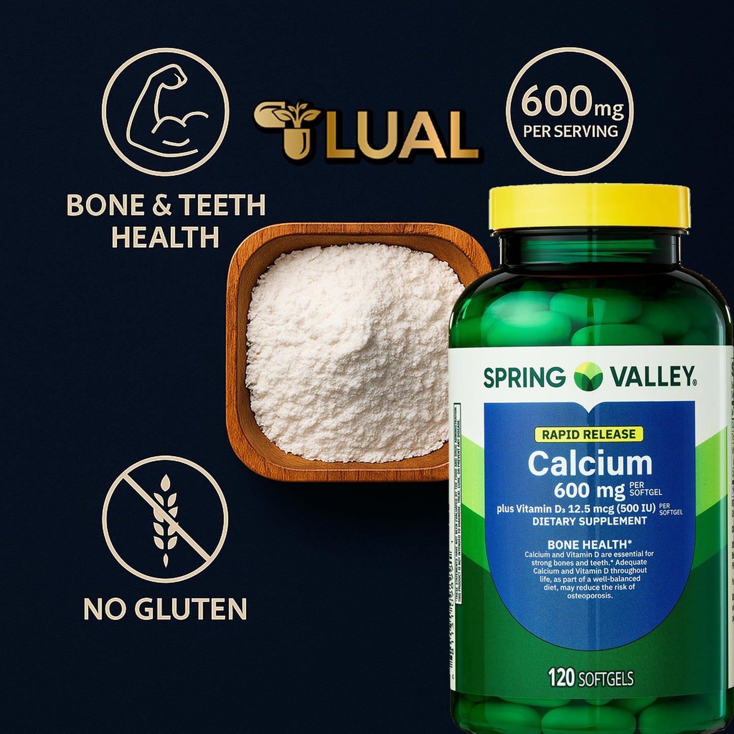 LUAL Calcium 600 mg + Vitamin D3 Softgels, 120 Count