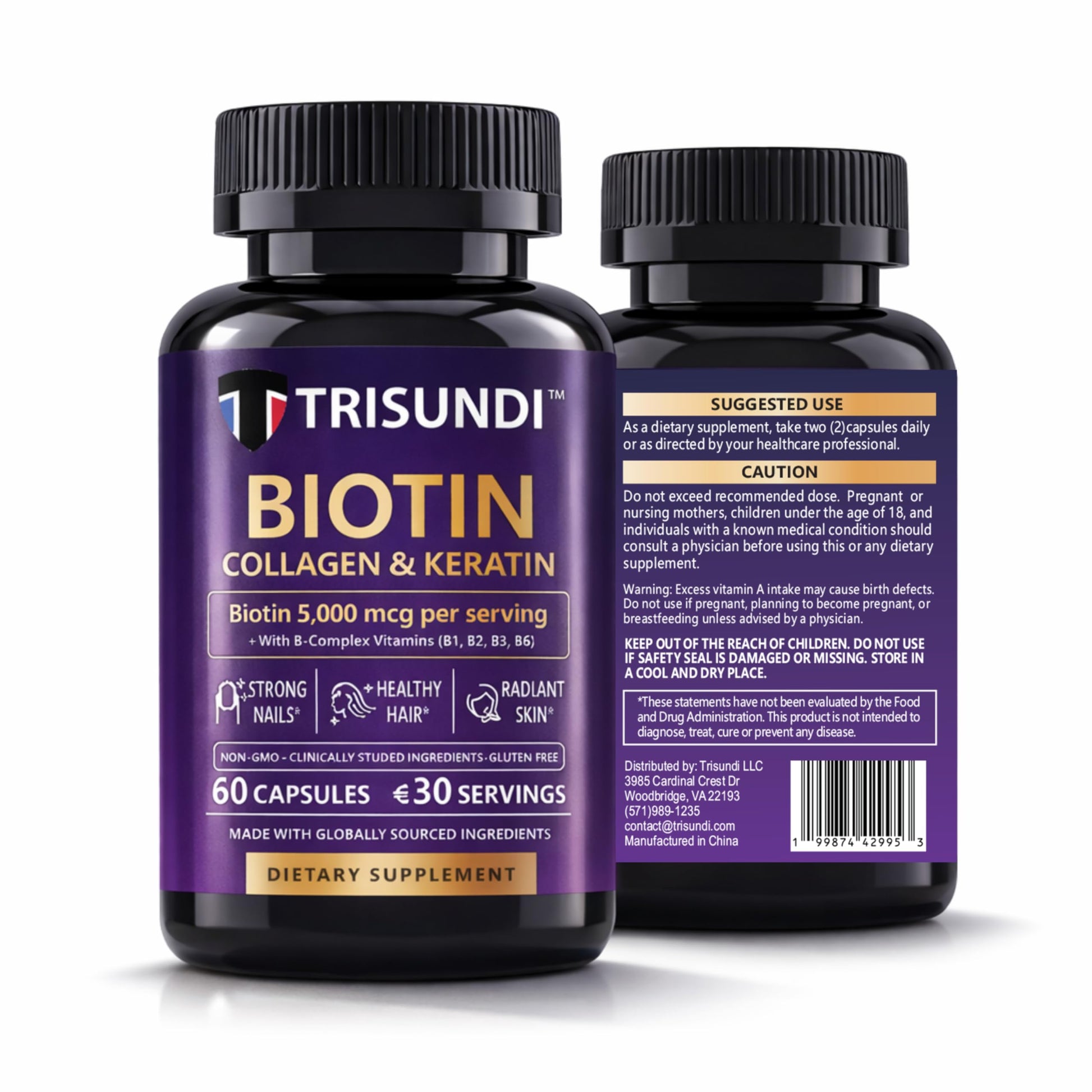 Trisundi Biotin 5000 mcg Capsules with Collagen & Keratin, B-Complex Vitamins B1 B2 B3 B5 B6 B12, Hair Skin Nail Support Formula, 60 Capsules