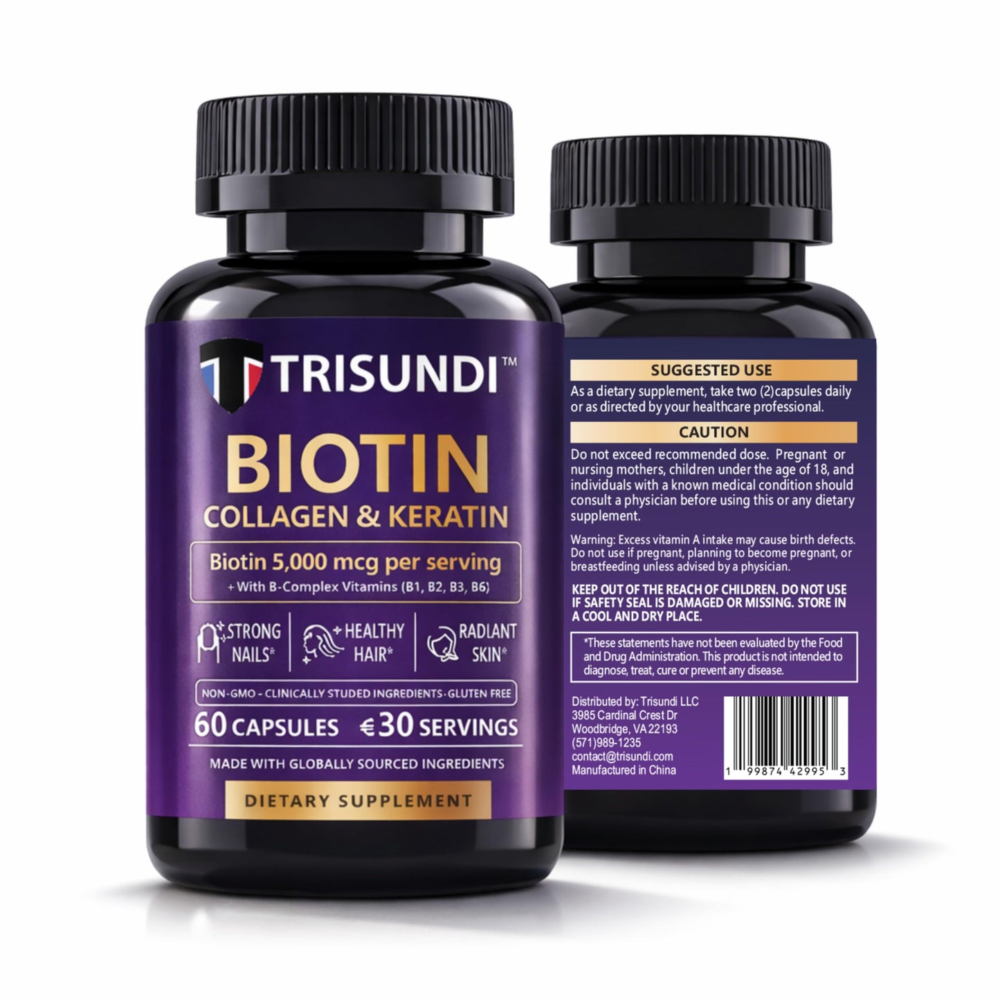 Trisundi Biotin 5000 mcg with Collagen & Keratin, B-Complex Vitamins B1 B2 B3 B5 B6 B12, Hair Skin Nails Support, 60 Capsules